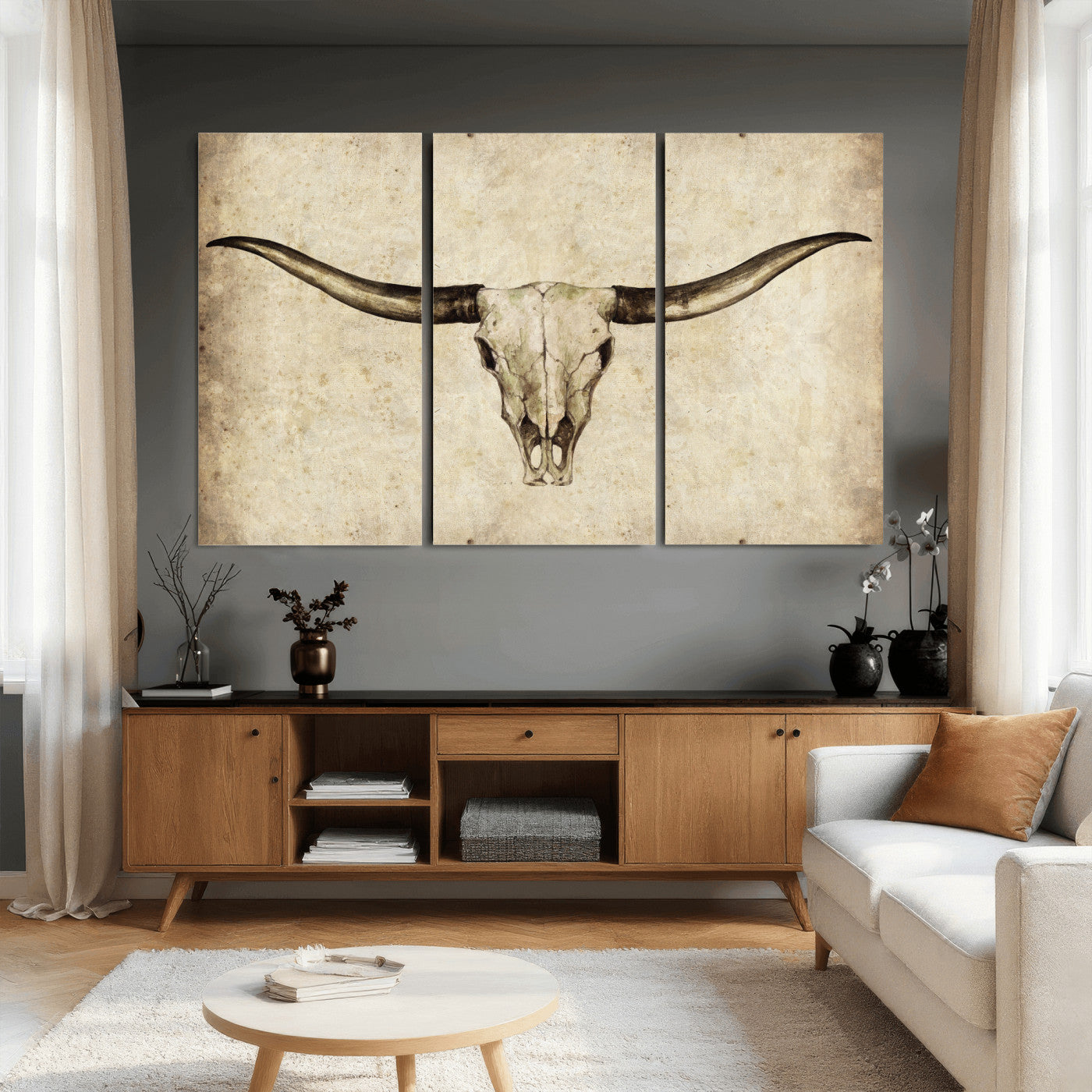 42788678-MGV-CV-36X24 - Longhorn Skull Wall Art Canvas Print – Rustic Western Artwork Print for Living Room Wall Decor