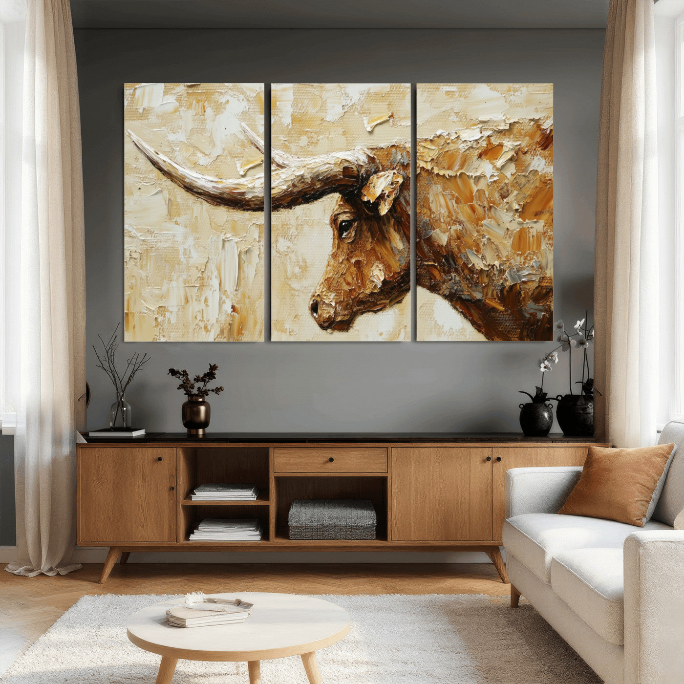 69611428-MGV-CV-36X24 - Rustic Longhorn Bull Wall Art Canvas Print – Vintage Western Cattle Painting, Texas Abstract Wall Cow Prints