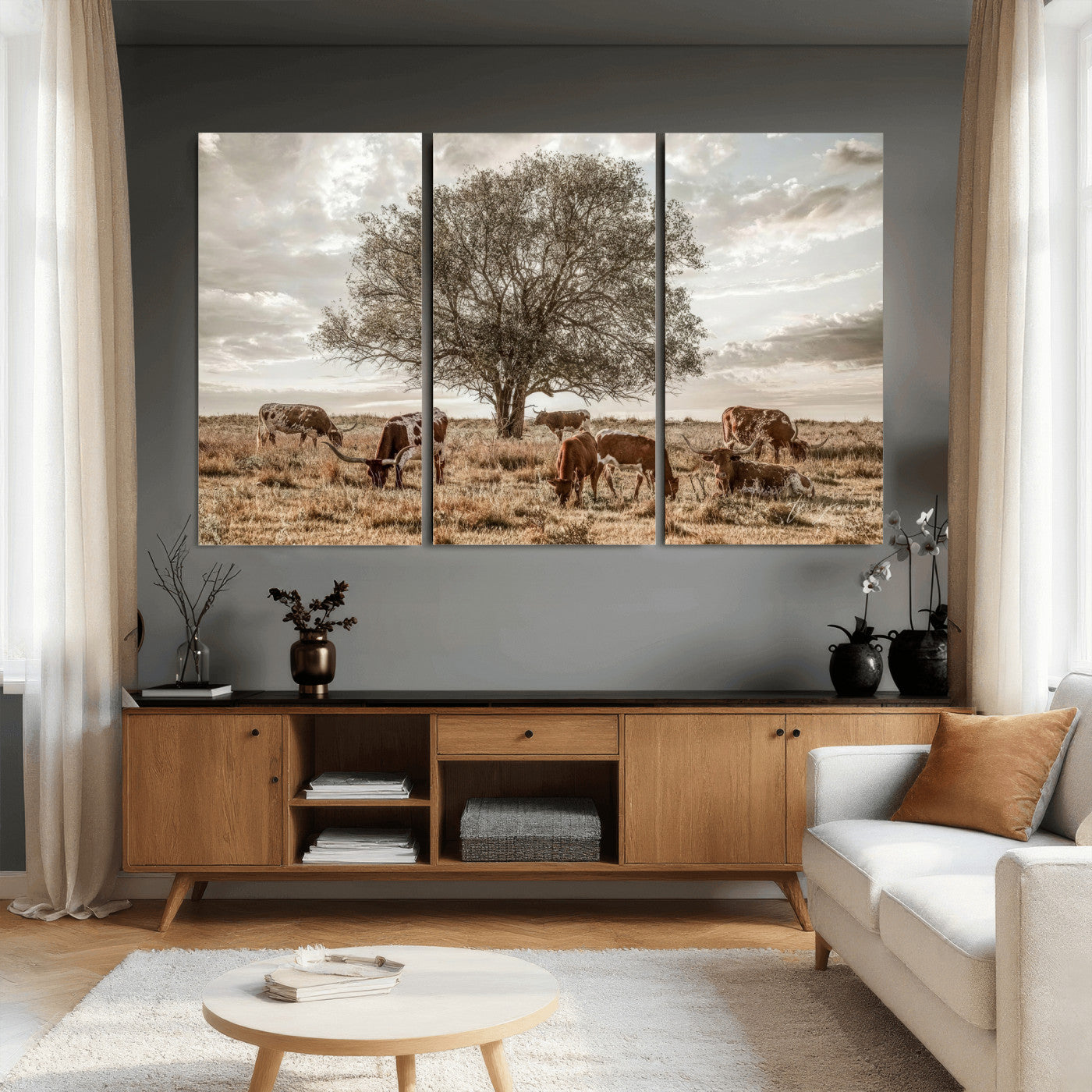 87590224-MGV-CV-36X24 - Texas Longhorn Cattle Wall Art Canvas Print – Rustic Western Ranch Scene with Steers at Sunset, Perfect for Farmhouse or Cowboy Decor