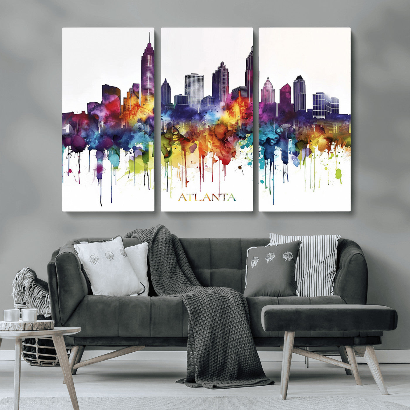 36048320-MGV-CV-36X24-Atlanta Skyline Wall Art Canvas Print – Framed Colorful Watercolor Cityscape Abstract Urban Artwork for Home, Office