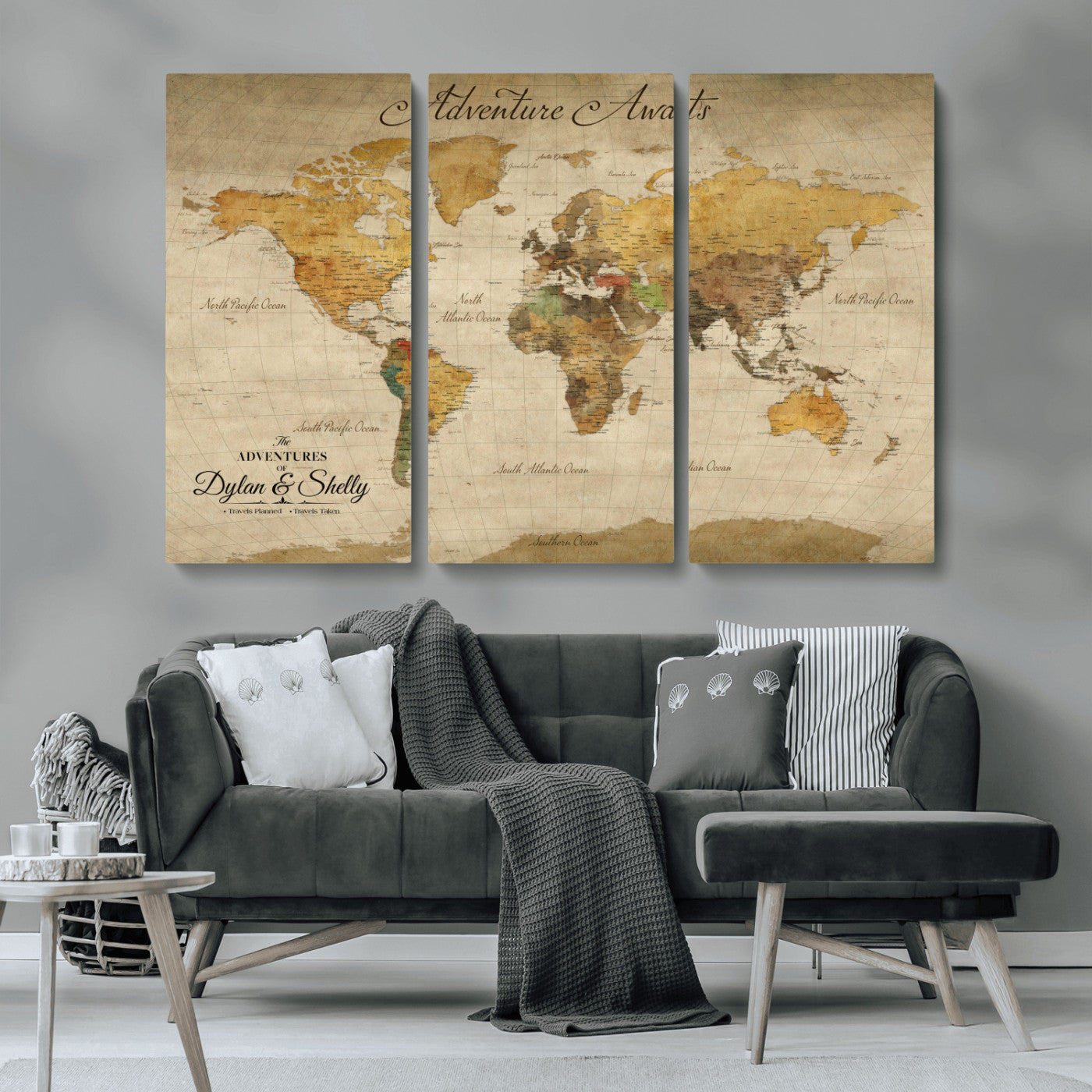 Rehber01-MGV-CV-36X24-Personalized World Map Canvas – Custom Framed Push Pin Travel Map Wall Art, Rustic Vintage Gift for Couples and Travel Lovers