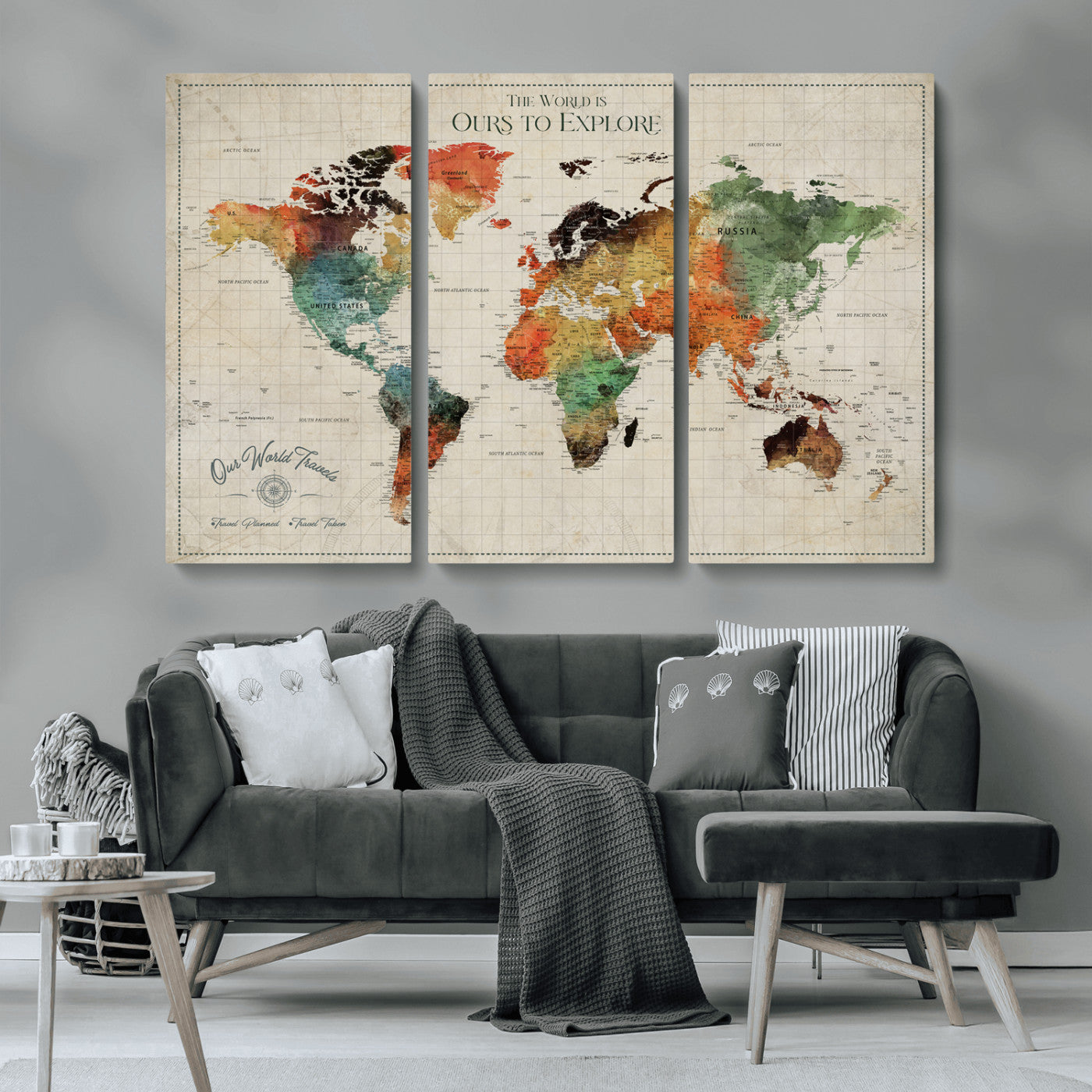 Rehber01-MGV-CV-36X24-Custom Push Pin World Map Wall Art Canvas Print – Personalized Travel Tracker Map Framed Artwork for Home Office