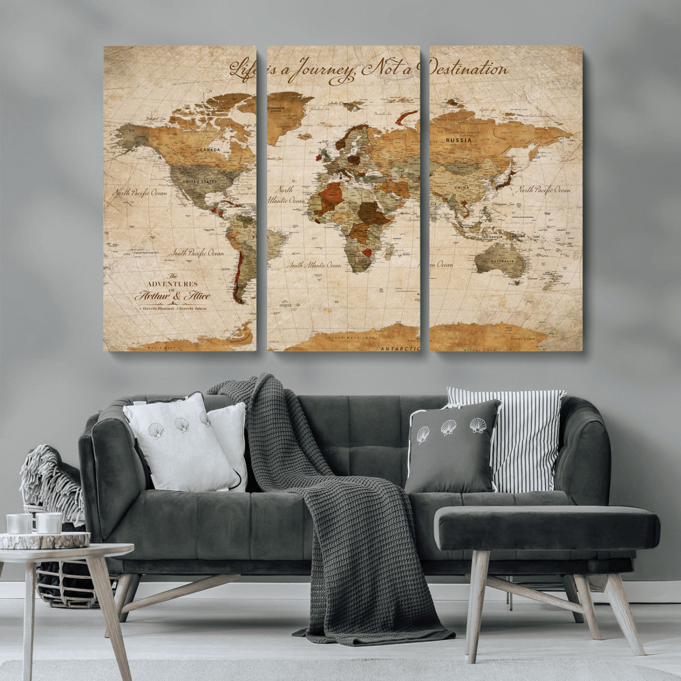 Rehber01-MGV-CV-36X24-Personalized Vintage World Map Canvas – Custom Framed Push Pin Travel Map Wall Art, Rustic Gift for Couples and Travel Lovers