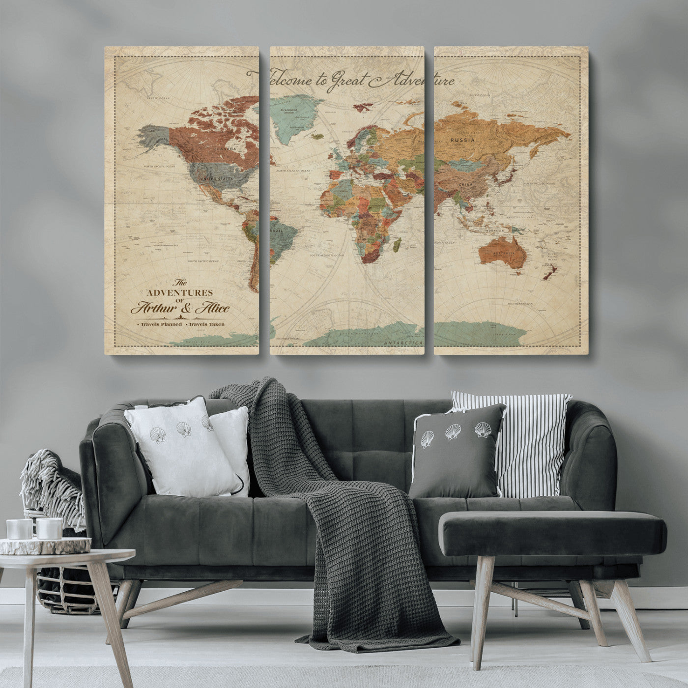 Rehber01-MGV-CV-36X24-Personalized Antique World Map Canvas Print – Custom Push Pin Travel Map Vintage Gift for Couples Explorers for Home, Office