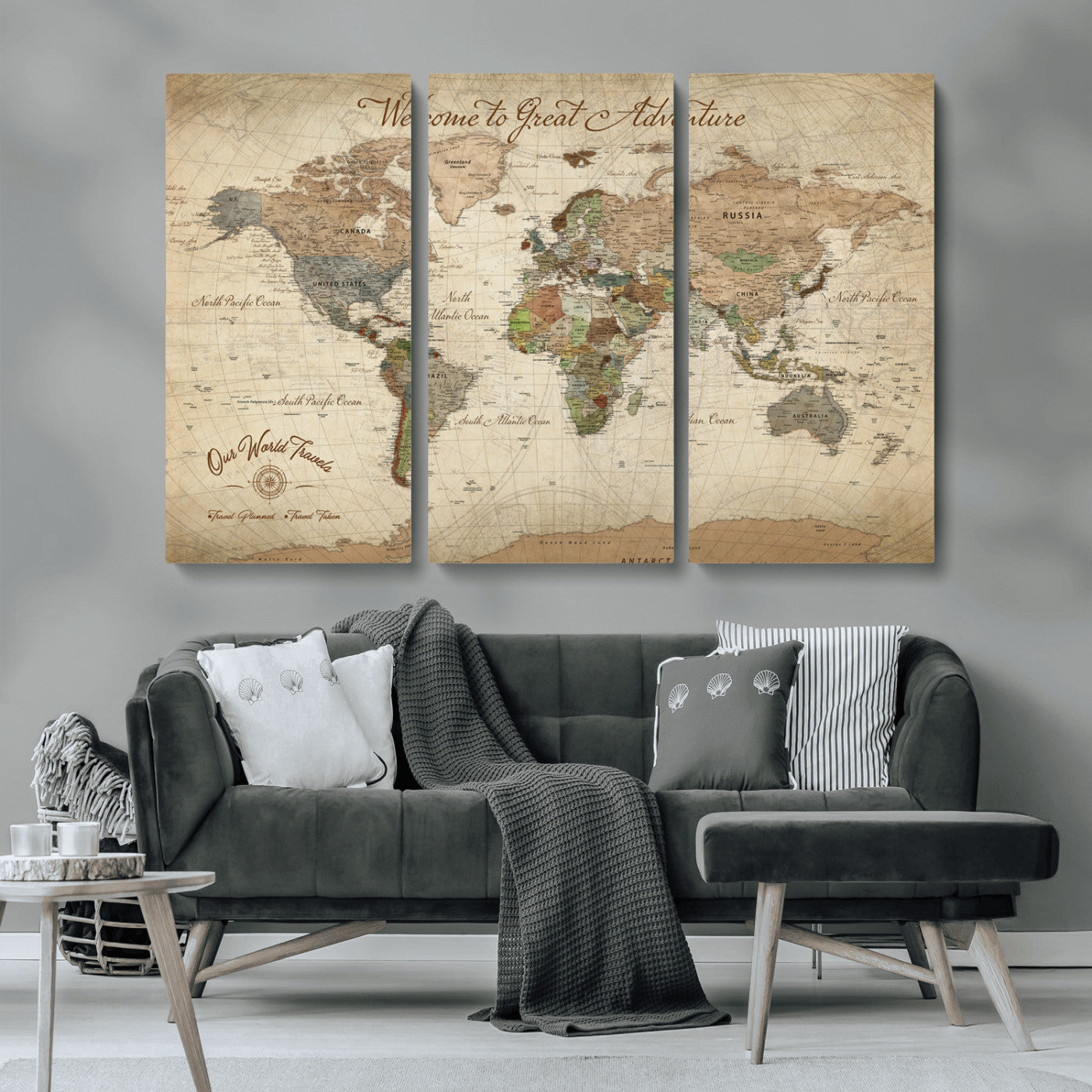 -Personalized Antique World Map Canvas Print – Custom Push Pin Travel Tracker Vintage Adventure Gift for Couples for Home, Office