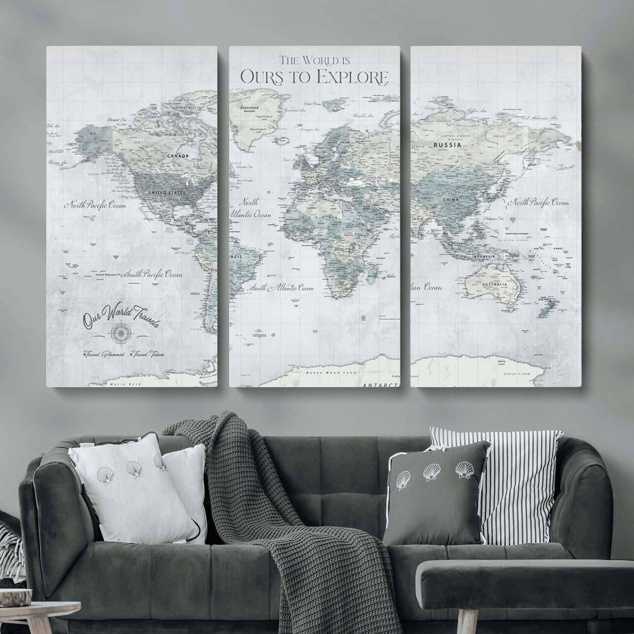 73654056-MGV-CV-48X32-3P - Personalized Push Pin World Map Canvas Print – Custom Framed Travel Tracker Artwork for Couples or Home Decor