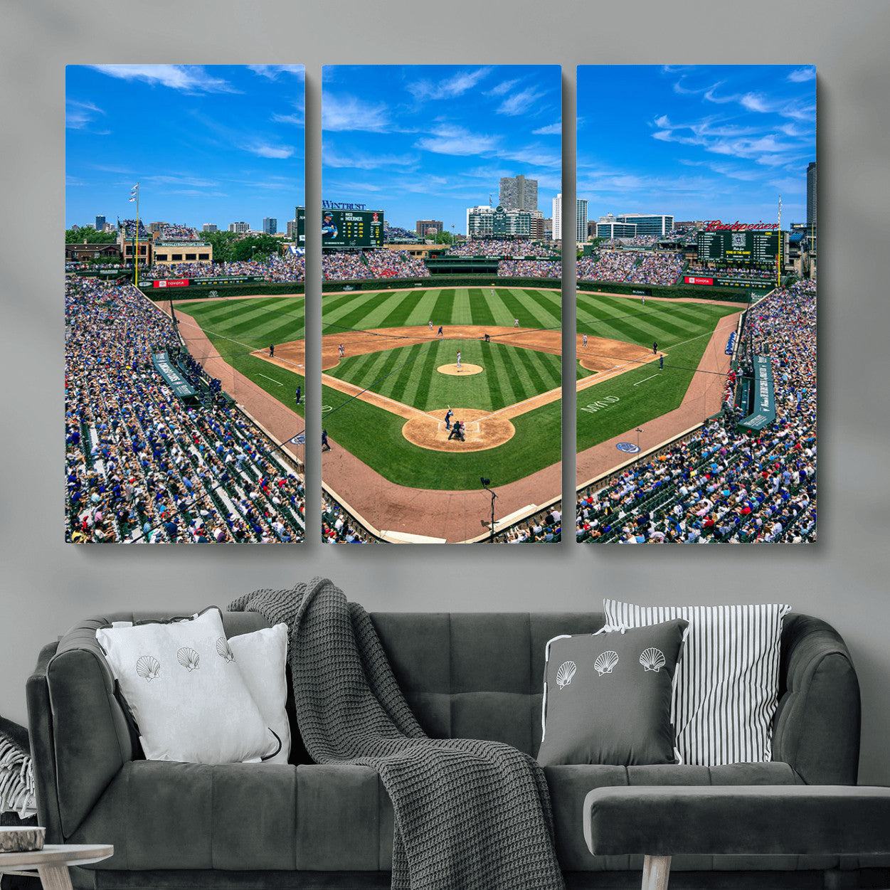 35800083-MGV-CV-48X32-3P - Wrigley Field Baseball Stadium Canvas Wall Art – Packed Crowd Sports Stadium City Skyline Artwork for Home Office