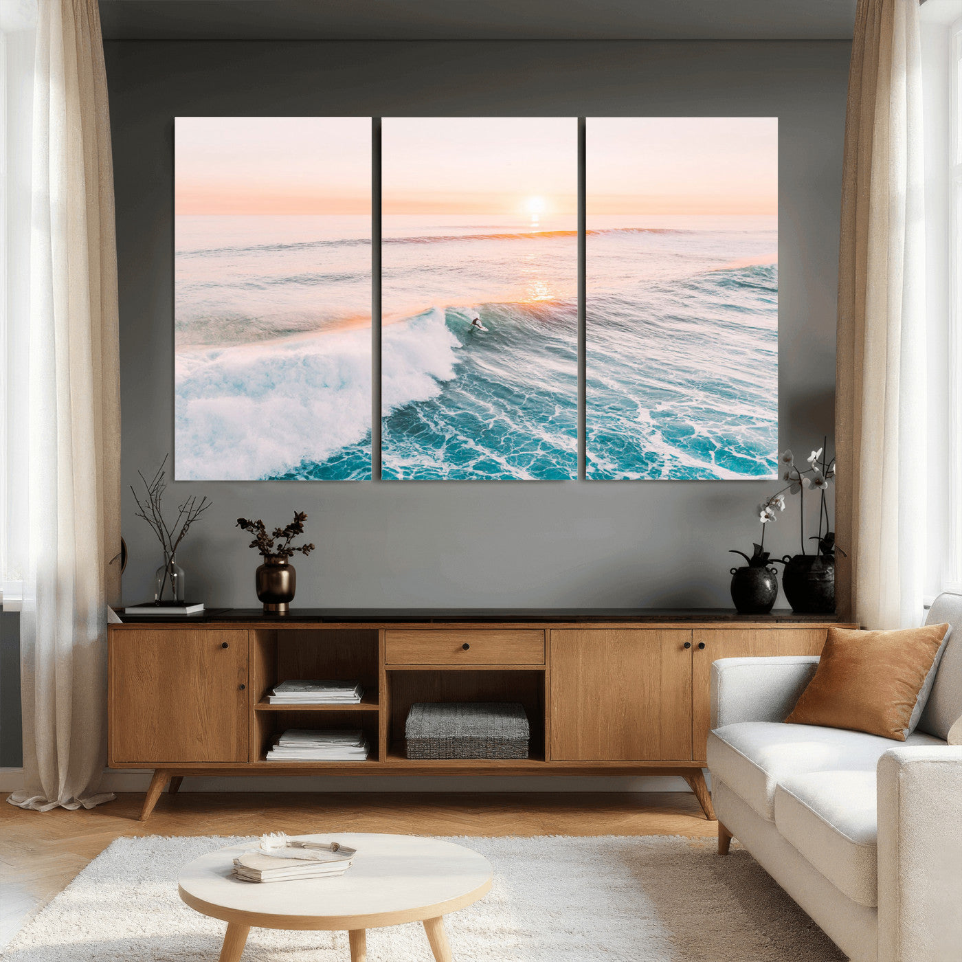 34064591-MGV-CV-36X24 - Sunset Surfing Wall Art Canvas Print, Ocean Wave Surfer with Golden Sky Artwork for Home, Office, Living Room