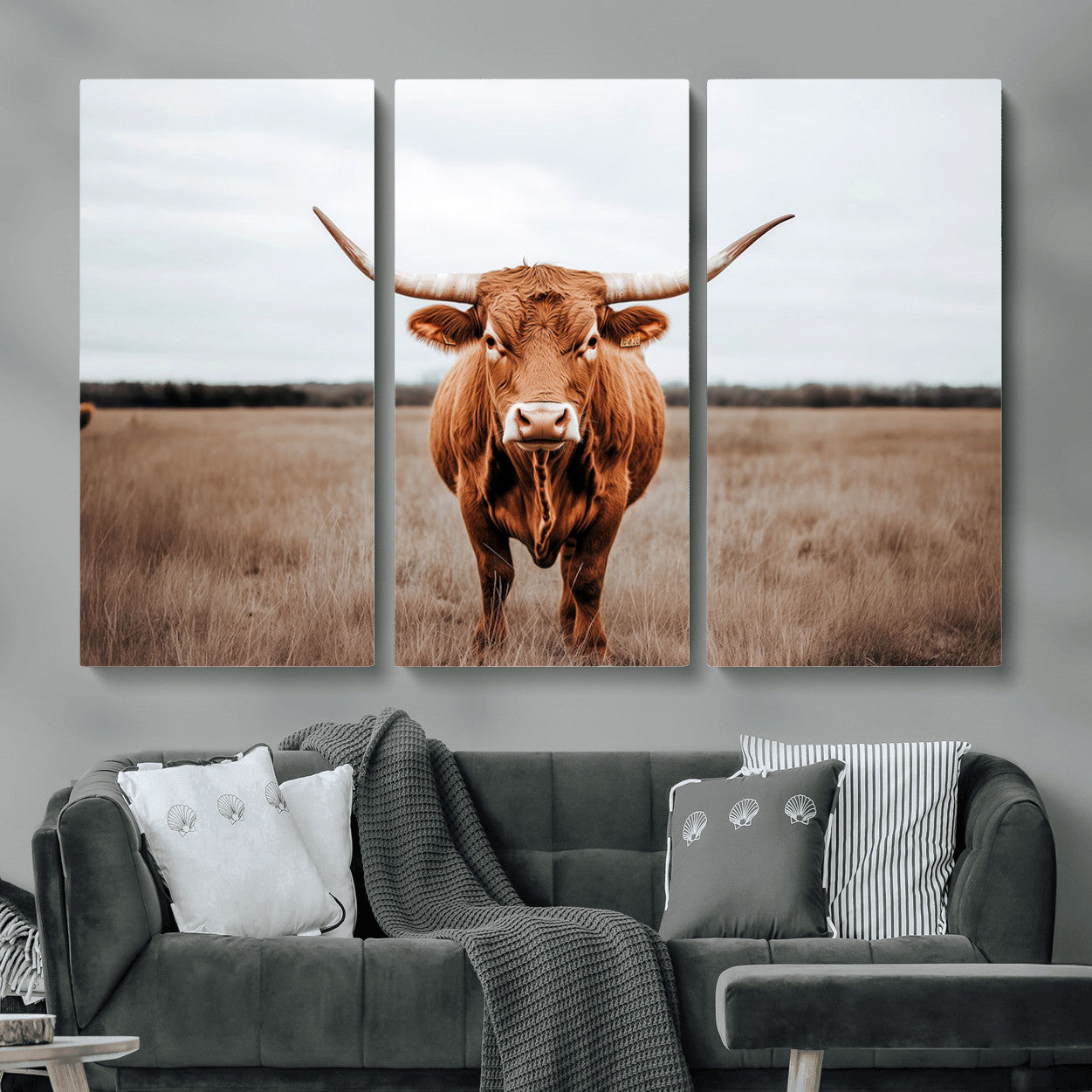 16316734-MGV-CV-48X32-3P - Longhorn bull, open field, rustic charm, natural beauty, Wall Art Canvas Print, countryside,