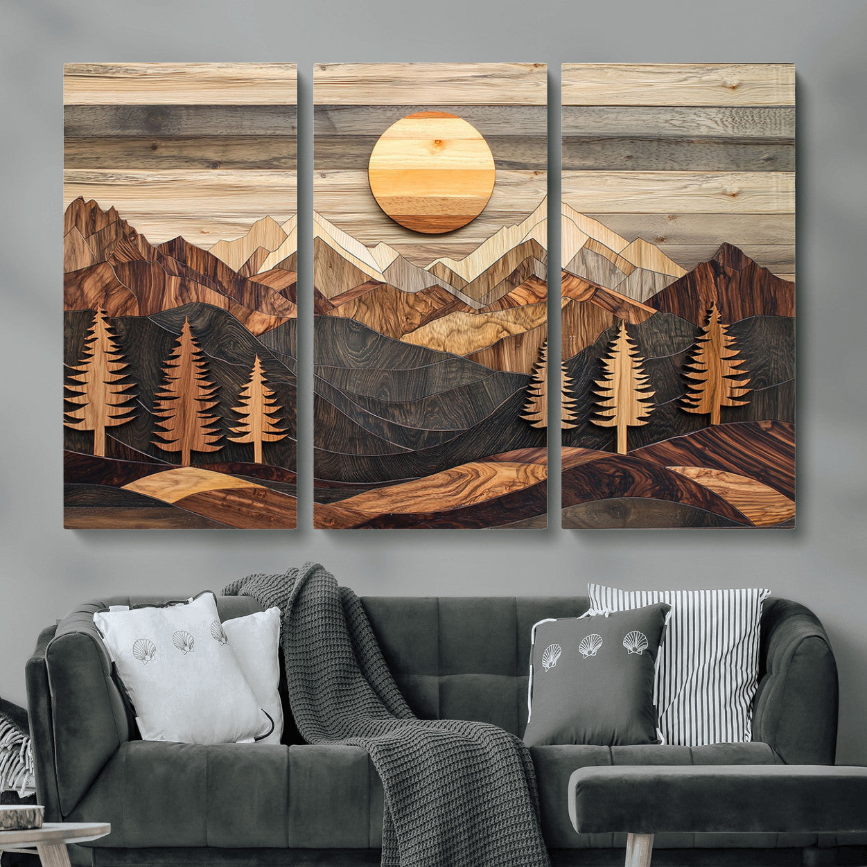 19832326-MGV-CV-48X32-3P - Wooden Mountain Landscape Layered Texture Geometric Shapes Sun Pine Trees Rustic Natural Tones Art