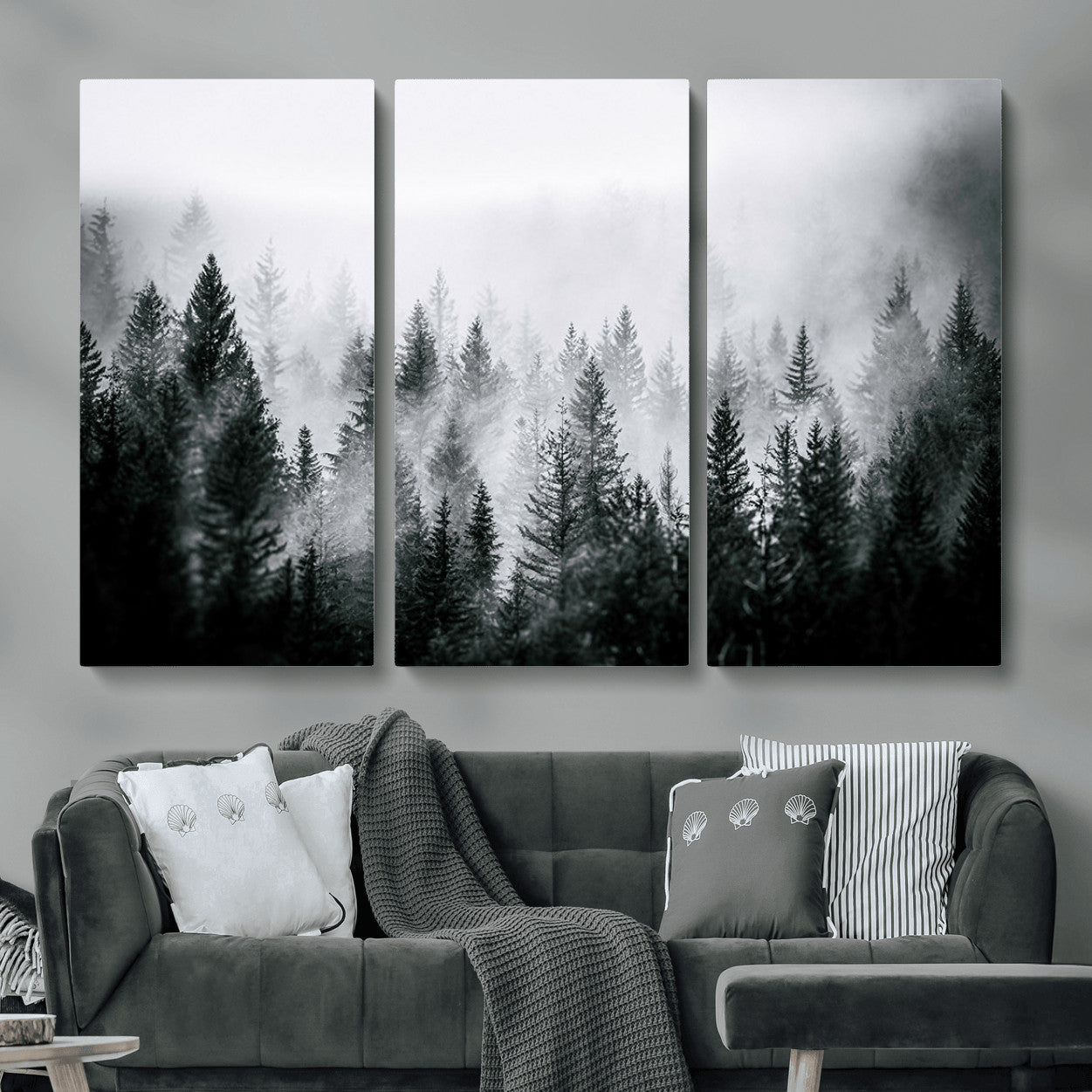 MGV-CV-48X32-3P - Foggy Pine Forest Canvas Wall Art – Black and White Nature Landscape Print, Horizontal Canvas for