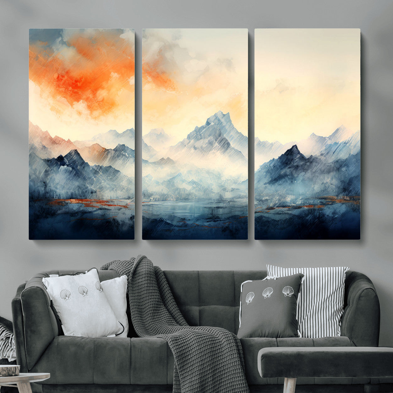 WRM1005-MGV-CV-48X32-3P - Warm Clouds Abstract Mountain Wall Art, Modern Landscape Canvas Print, Minimal Framed Artwork for Home, Office