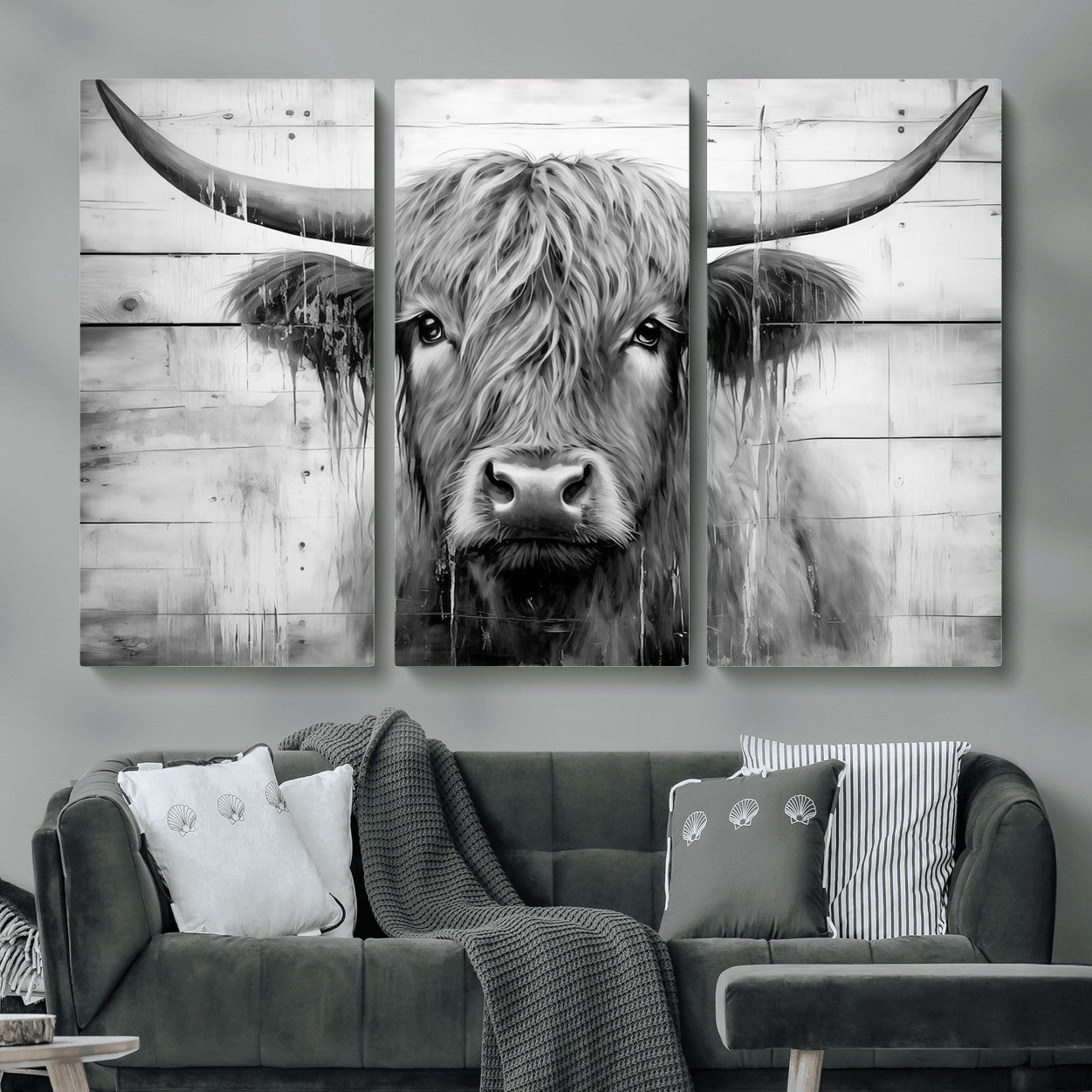 1001HASAN27-MGV-CV-48X32-3P - Black White Highland Cow Wall Art Canvas Print