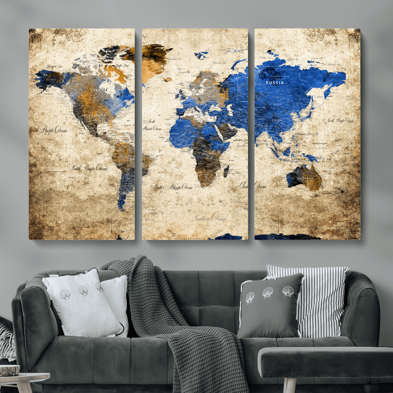 13564339-MGV-CV-48X32-3P - World Map Wall Art Canvas Print, Modern Decorative Framed Map Artwork Prints for Living Room, Office, Bedroom Wall Decor