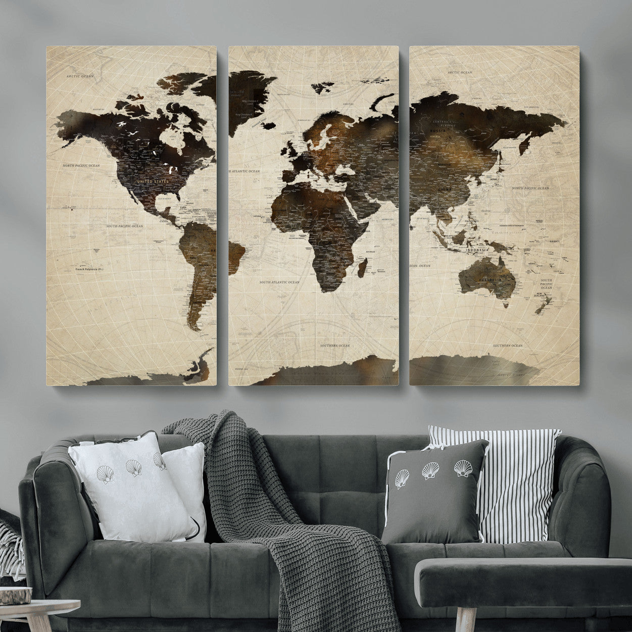 81771296-MGV-CV-48X32-3P - World Map Wall Art Canvas Print, Modern Decorative Framed Map Artwork Prints for Living Room, Office, Bedroom Wall Decor
