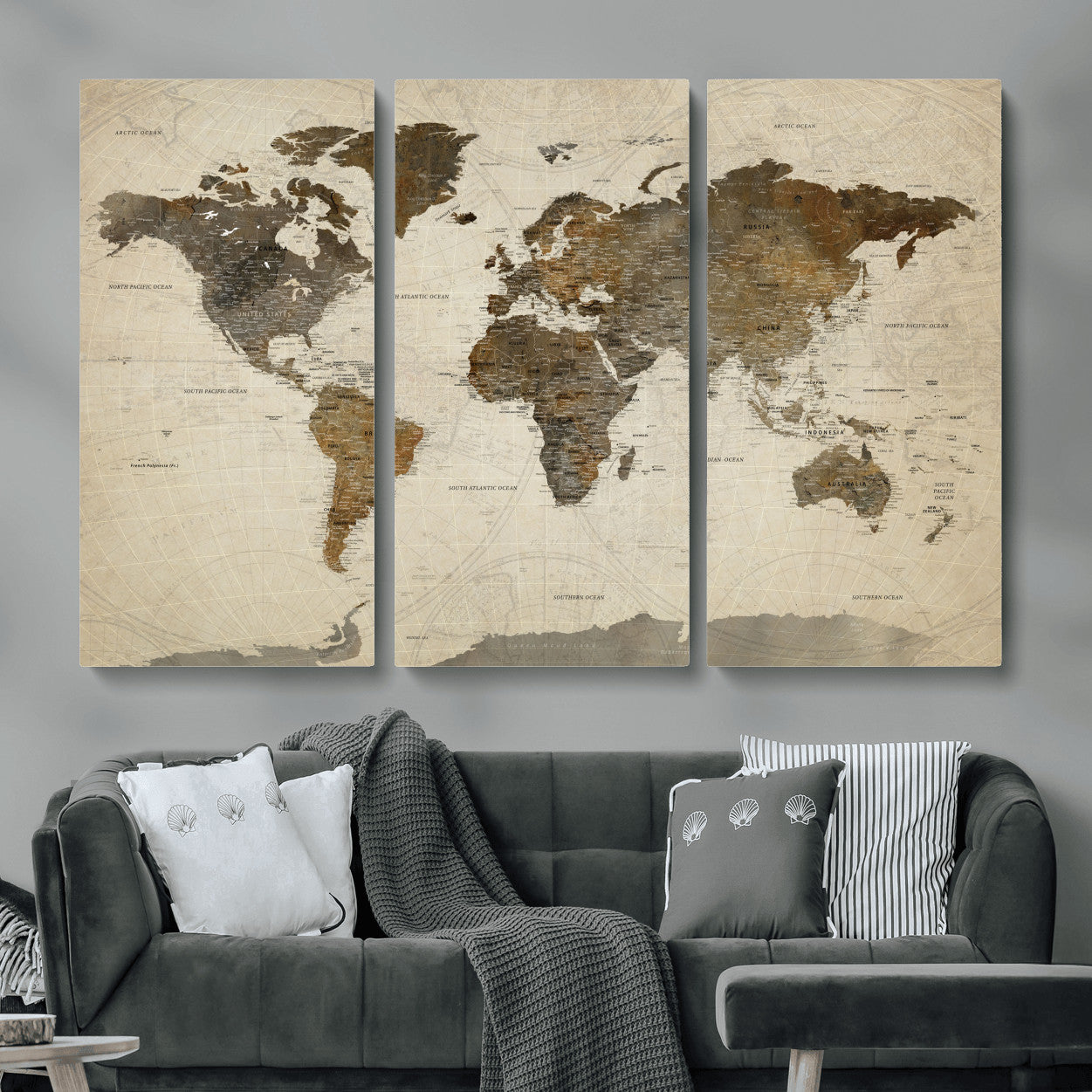 91849163-MGV-CV-48X32-3P - World Map Wall Art Canvas Print, Modern Decorative Framed Map Artwork Prints for Living Room, Office, Bedroom Wall Decor