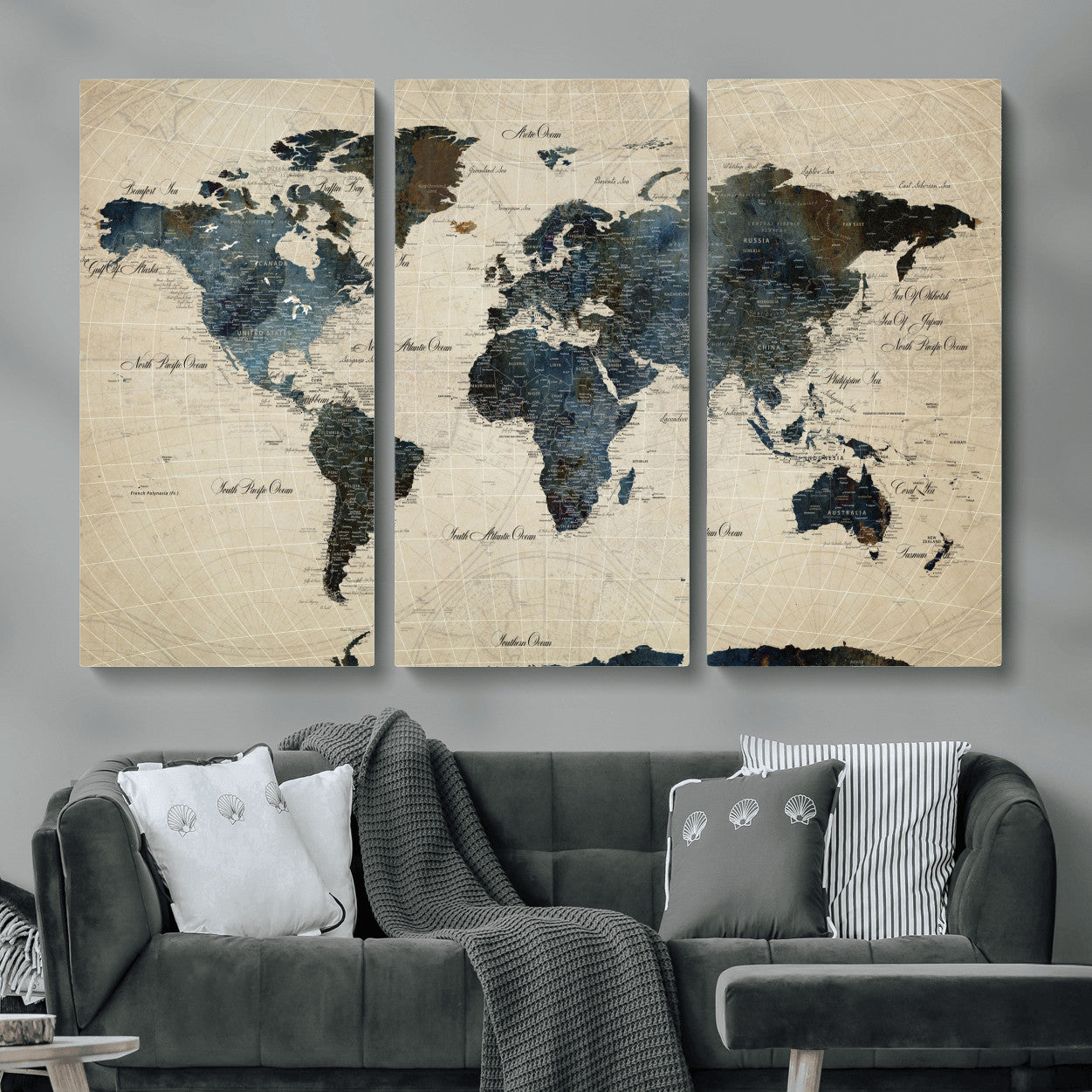 33438443-MGV-CV-48X32-3P - World Map Wall Art Canvas Print, Modern Decorative Framed Map Artwork Prints for Living Room, Office, Bedroom Wall Decor