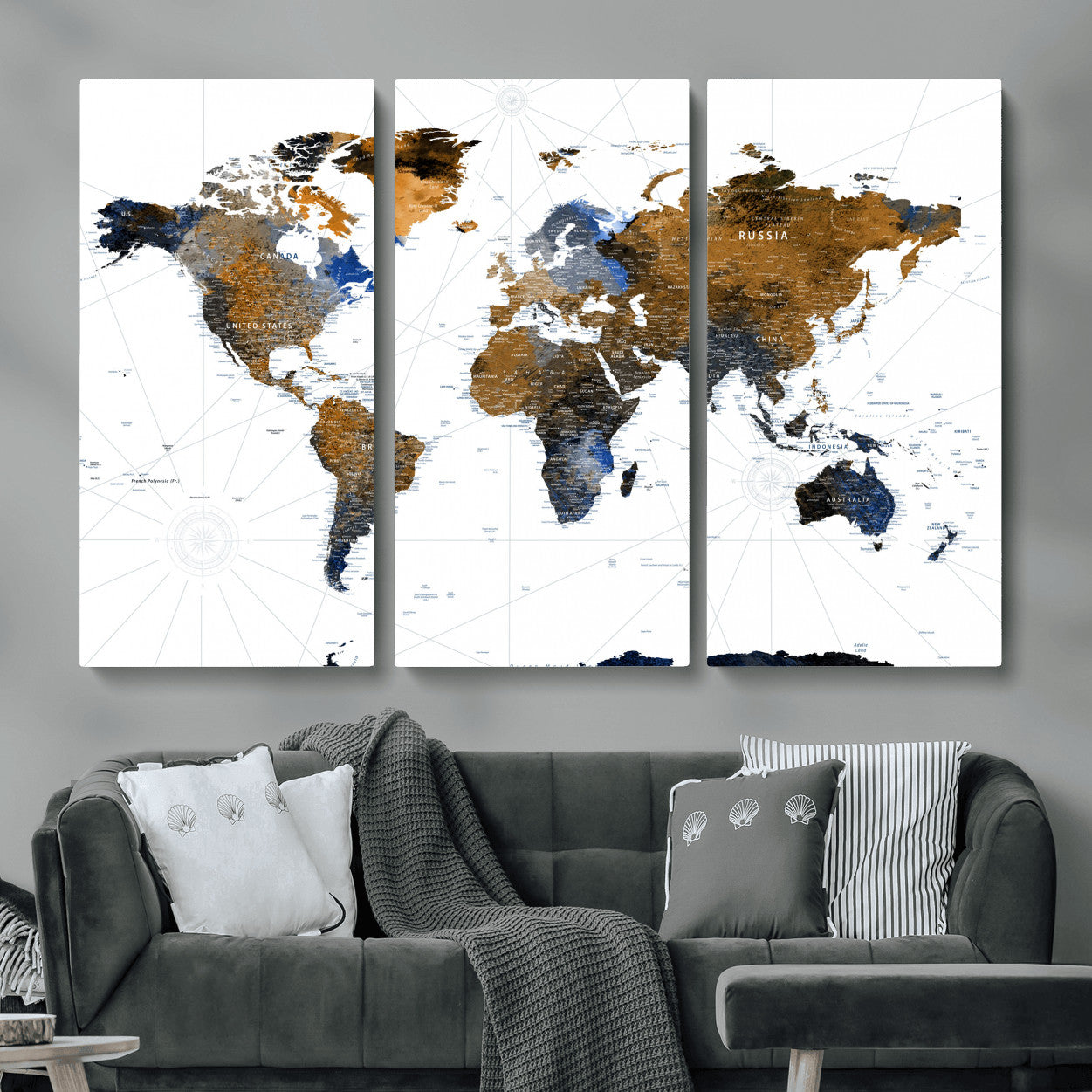 40862517-MGV-CV-48X32-3P - World Map Wall Art Canvas Print, Modern Decorative Framed Map Artwork Prints for Living Room, Office, Bedroom Wall Decor