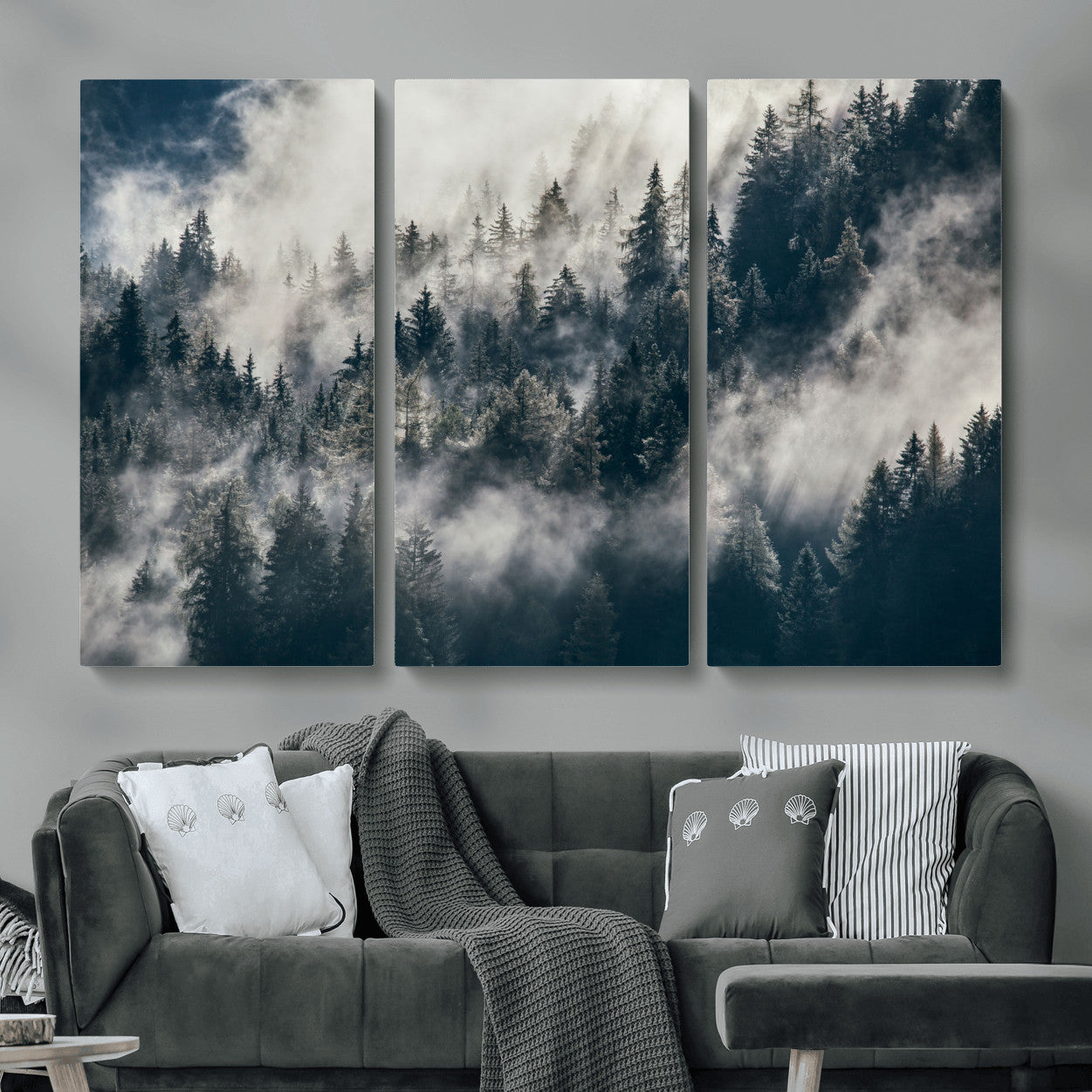 270372951-MGV-CV-48X32-3P - Misty Pine Forest Canvas Wall Art – Dark Forest Mountaing and Nature Landscape Print, Horizontal Canvas Print