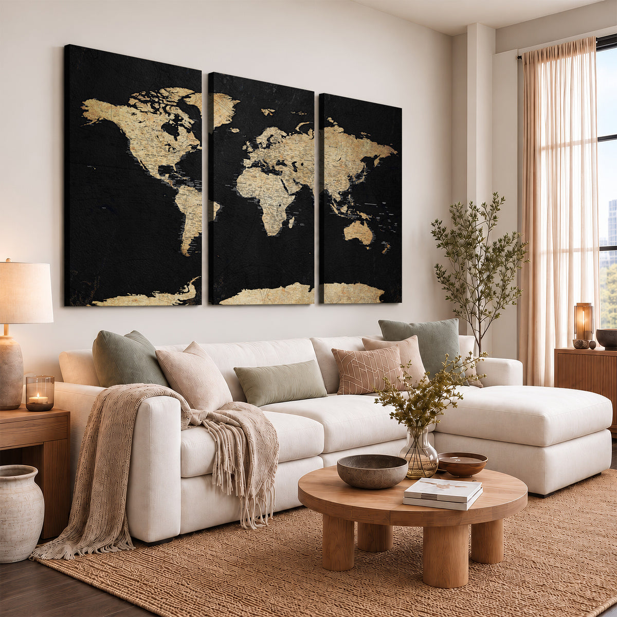 71518849-MGV-CV-36X24 - Beige World Map Canvas Wall Art Print, Minimal Black and