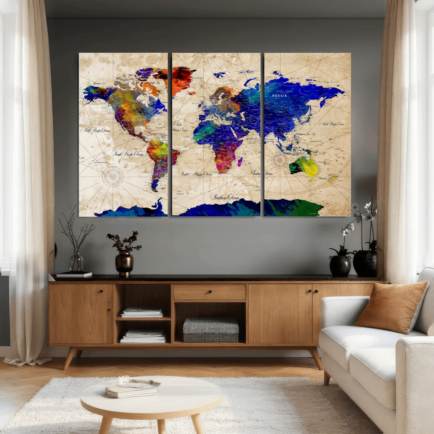 26284075-MGV-CV-36X24 - World Map Wall Art Canvas Print, Modern Decorative Framed Map Artwork Prints for Living Room, Office, Bedroom Wall Decor