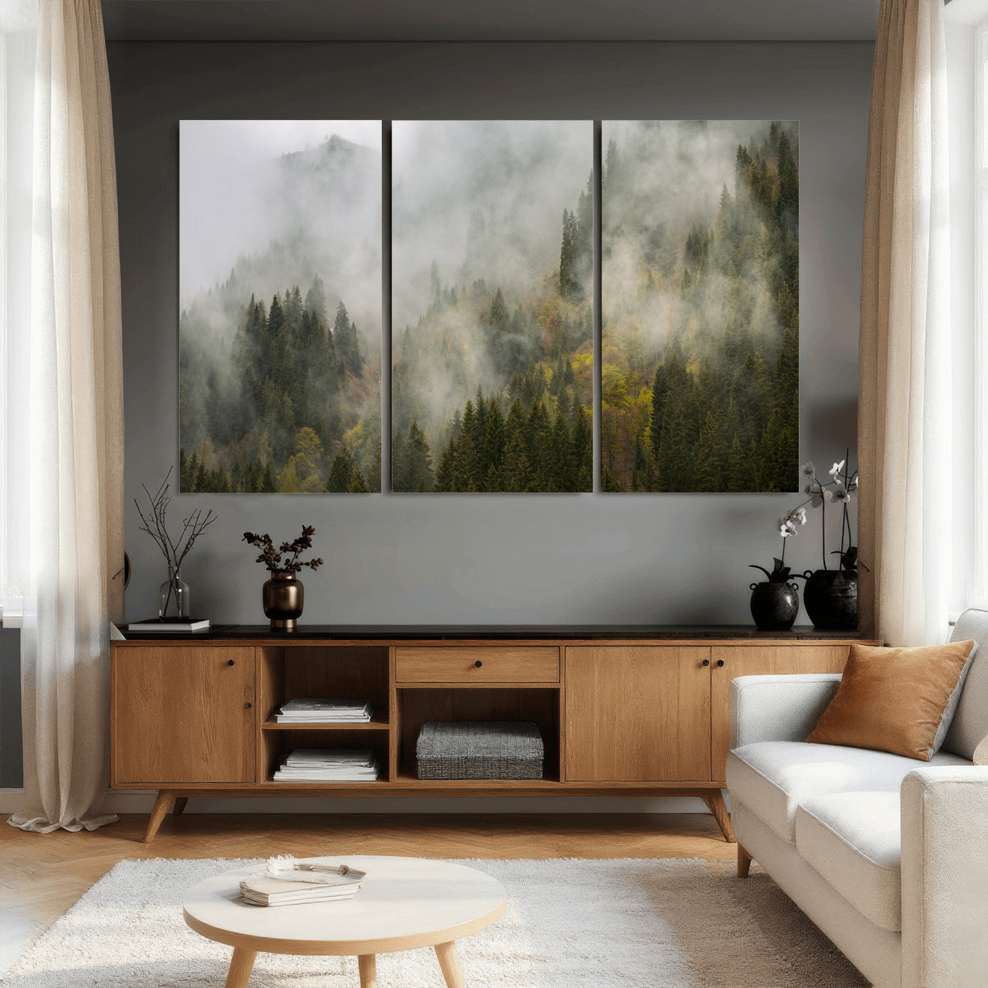 31152954-MGV-CV-36X24 - Misty Mountain Forest Canvas Print, Foggy Pine Trees Nature Wall Art, Framed Canvas Ready to Hang