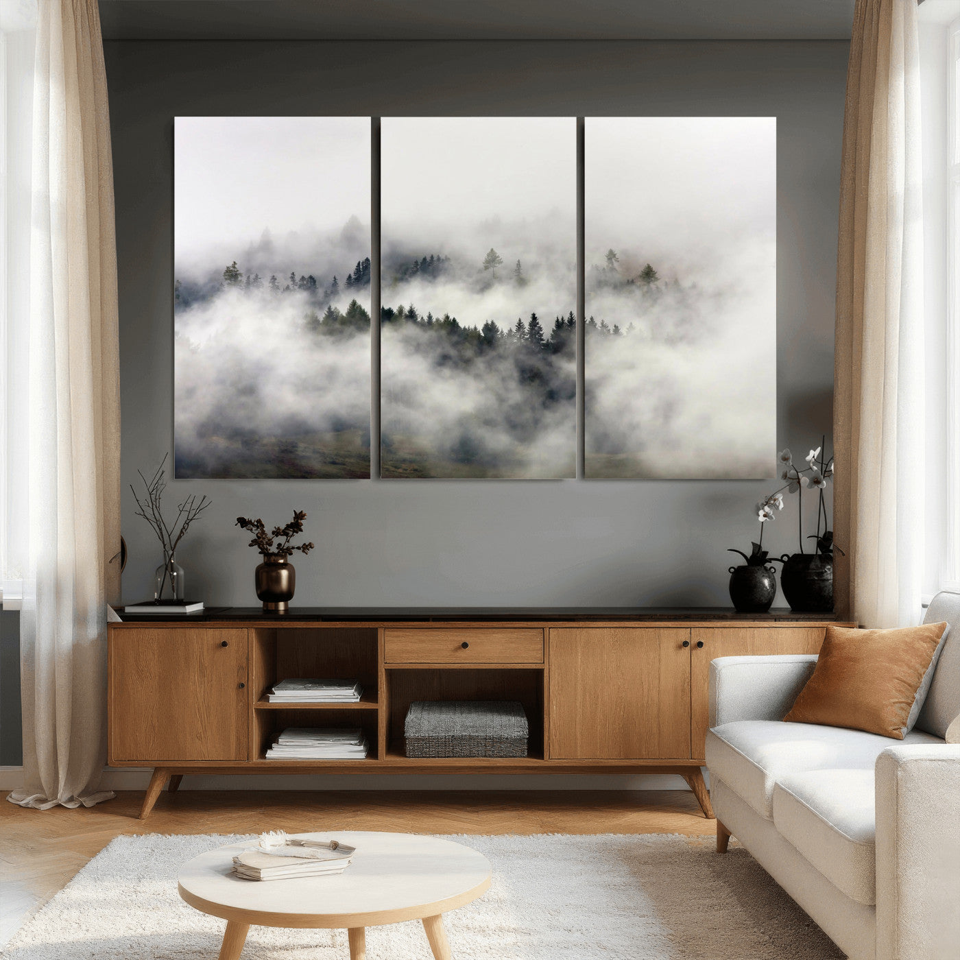 63235457-MGV-CV-36X24 - Foggy Forest Wall Art Canvas Print, Misty Pine Tree Landscape Wall Art Print, Framed Wall Art Ready to Hang