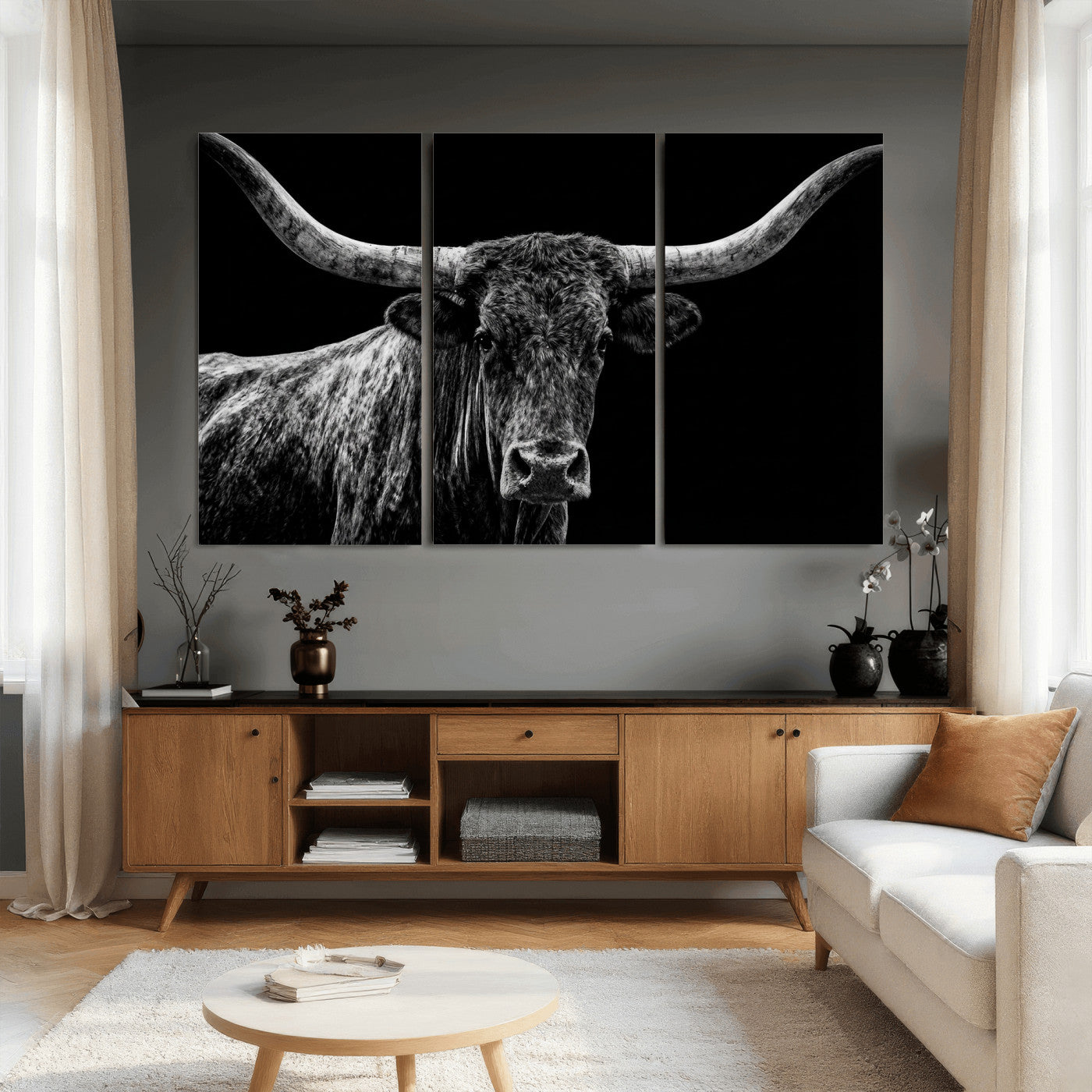 86568508-MGV-CV-36X24 - Vintage Texas Longhorn Bull Wall Art Canvas Print, Texas Cow Portrait Print, Framed Bull Wall Art Ready to Hang
