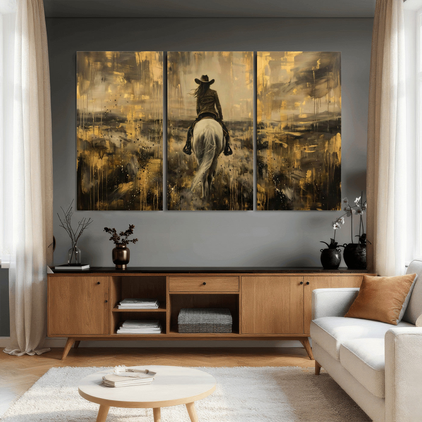 20465530-MGV-CV-36X24 - Cowgirl Wall Art Canvas Print, Western Horse Rider Wall Art, Framed Wall Art Ready to Hang