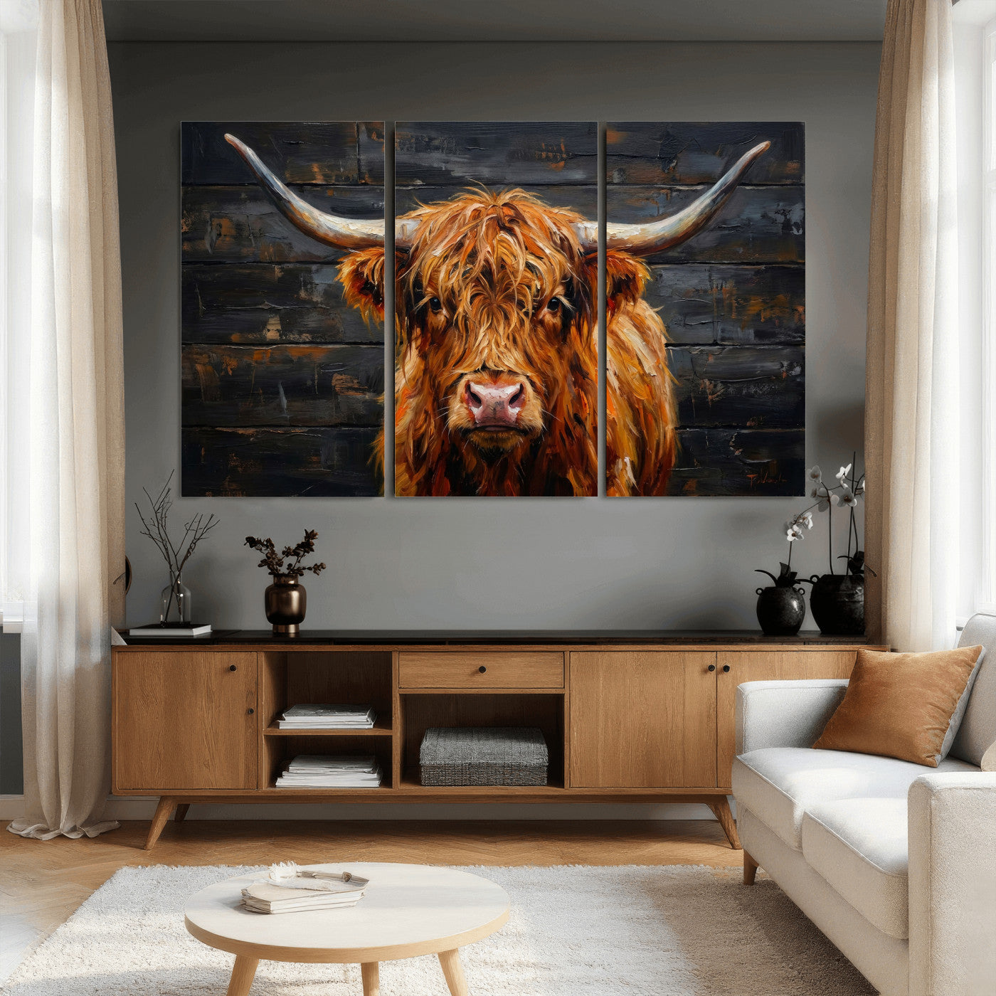 32536611-MGV-CV-36X24 - Highland Cow Wall Art Canvas Print, Rustic Farm Animal Painting, Framed Wall Art Ready to Hang