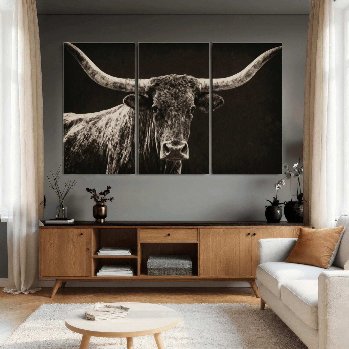 74513721-MGV-CV-36X24 - Vintage Texas Longhorn Bull Wall Art Canvas Print, Cow Portrait Photography Print, Framed Wall Art Ready to Hang