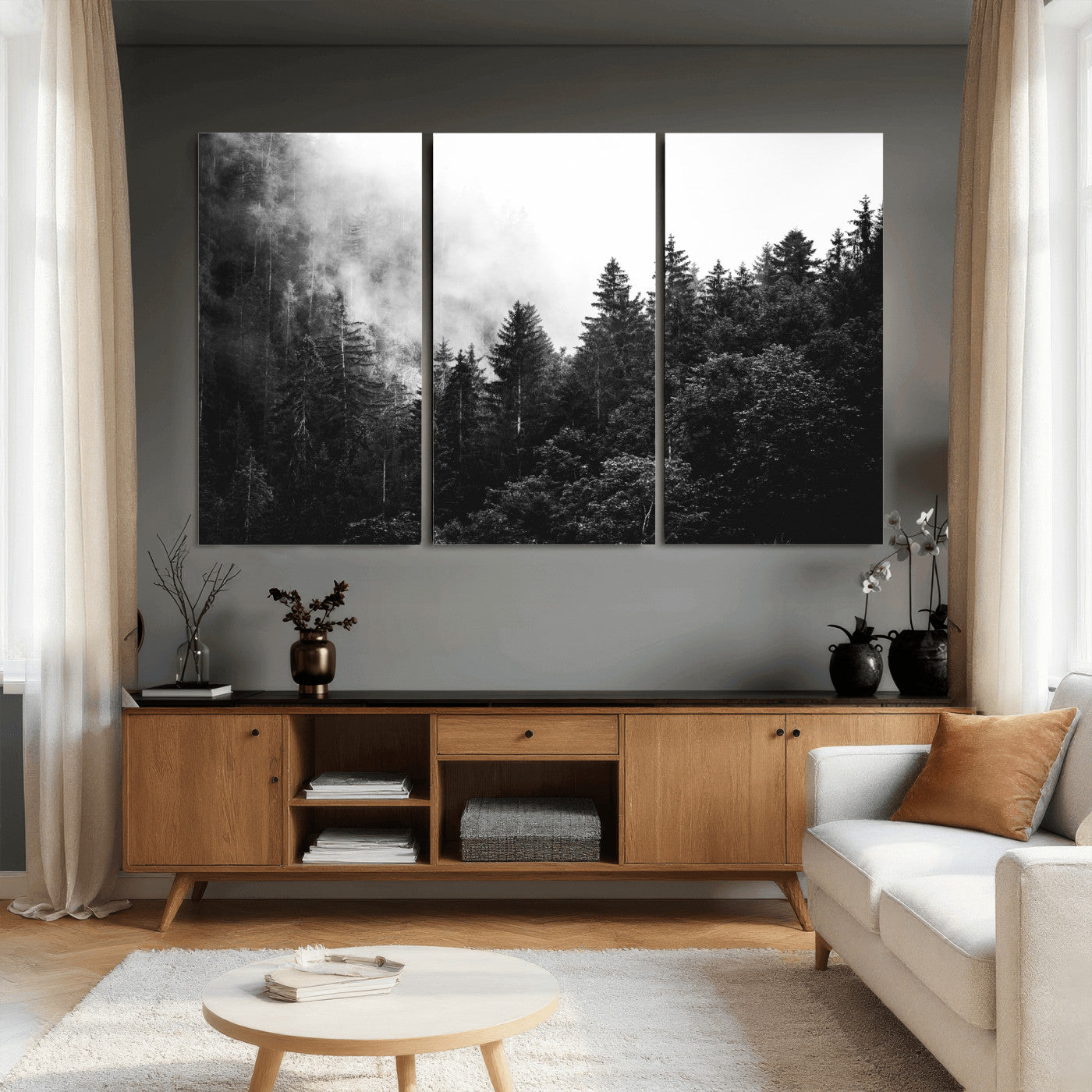 98764151-MGV-CV-36X24 - Black and White Forest Wall Art Canvas Print, Misty Pine Tree Landscape Photography, Framed Wall Art Ready to Hang