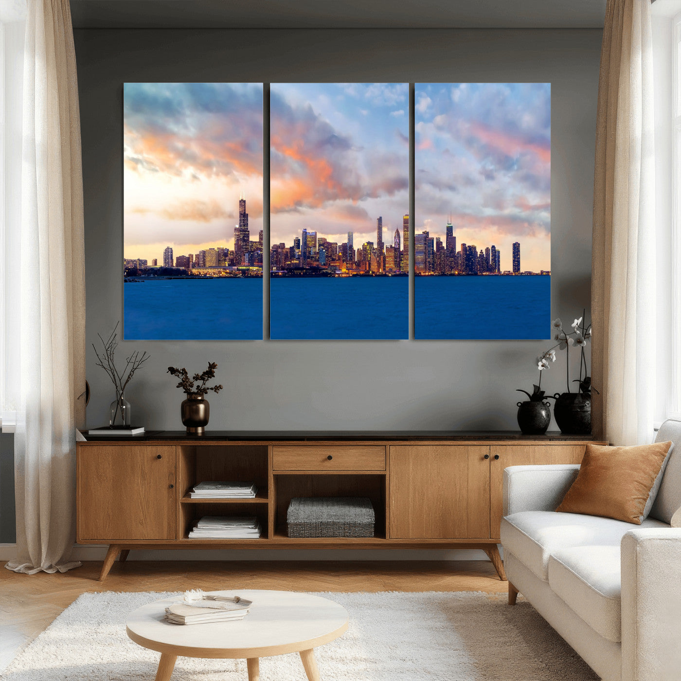 34667960-MGV-CV-36X24 - Chicago Wall Art Canvas Print, Chicago City Downtown Night Cityscape Print for Modern Urban Wall Decor