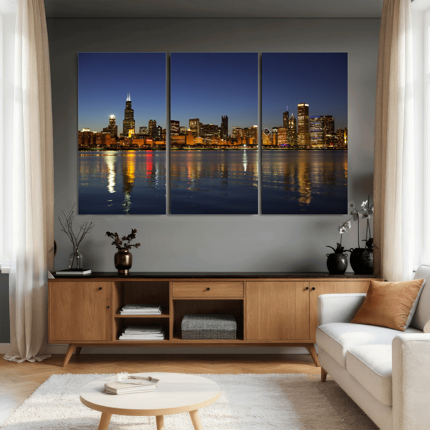 67308035-MGV-CV-36X24 - Chicago Wall Art Canvas Print, Chicago City Downtown Night Cityscape Print for Modern Urban Wall Decor