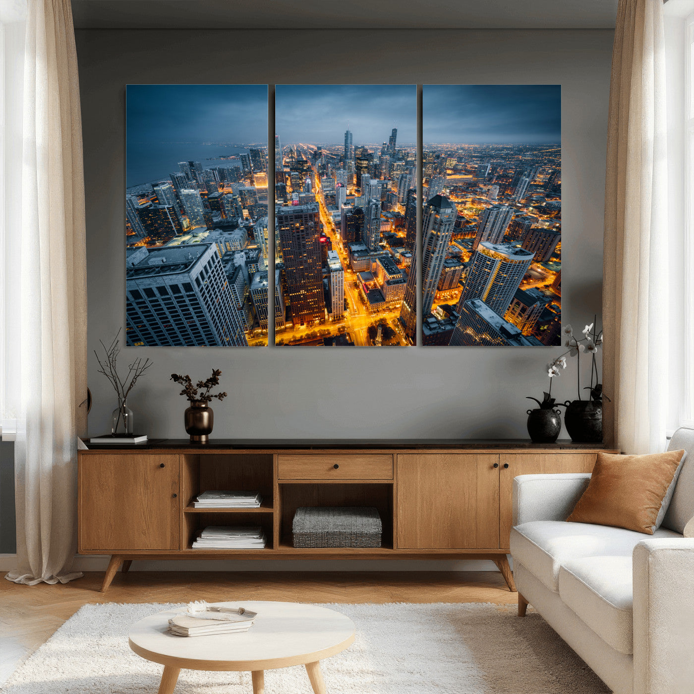 81742538-MGV-CV-36X24 - Chicago Wall Art Canvas Print, Chicago City Downtown Night Cityscape Print for Modern Urban Wall Decor