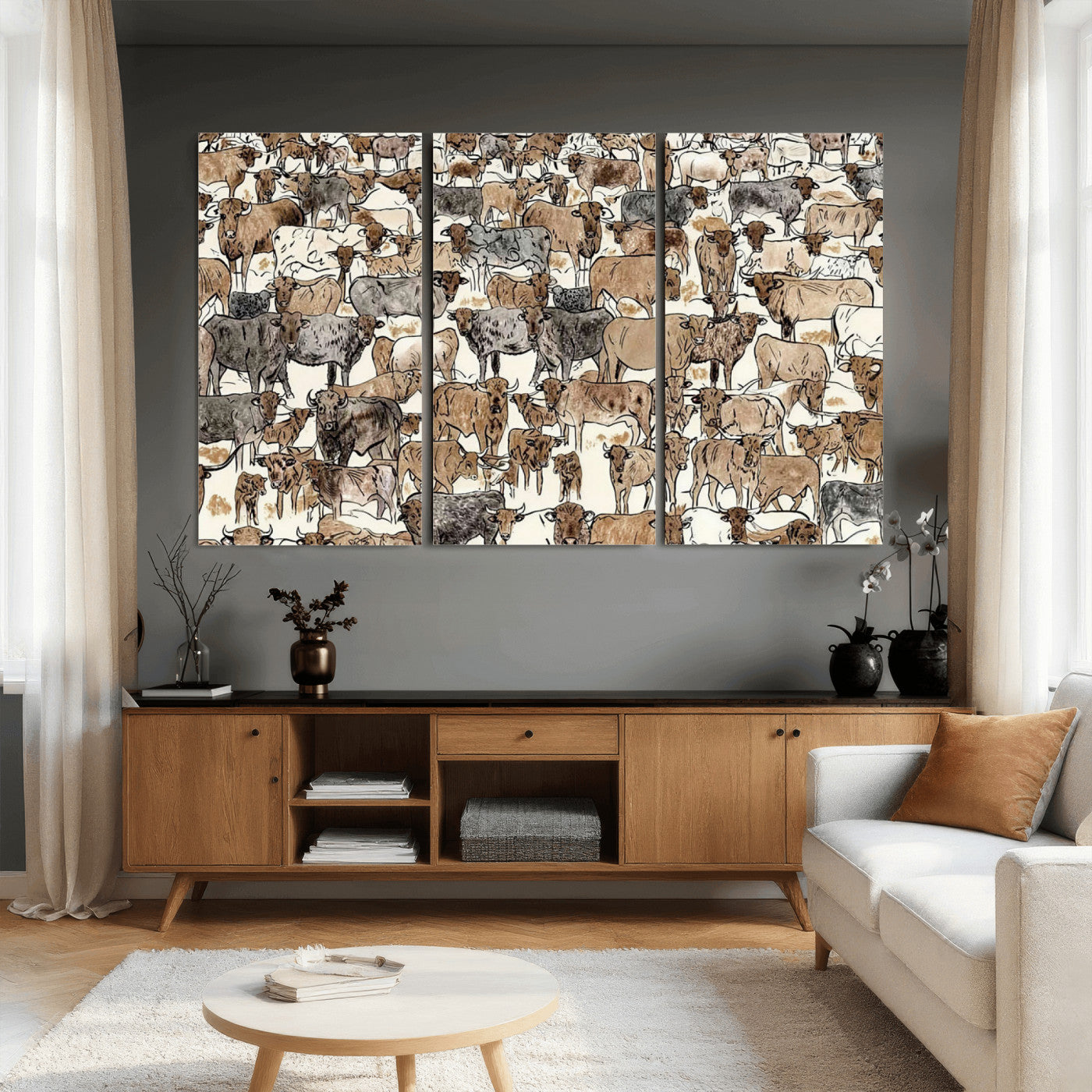 76902119-MGV-CV-36X24 - Farmhouse Animals Wall Art Canvas Print - Abstract Farm Animal Drawing Mid-Century Wall Art for Cabin Decor