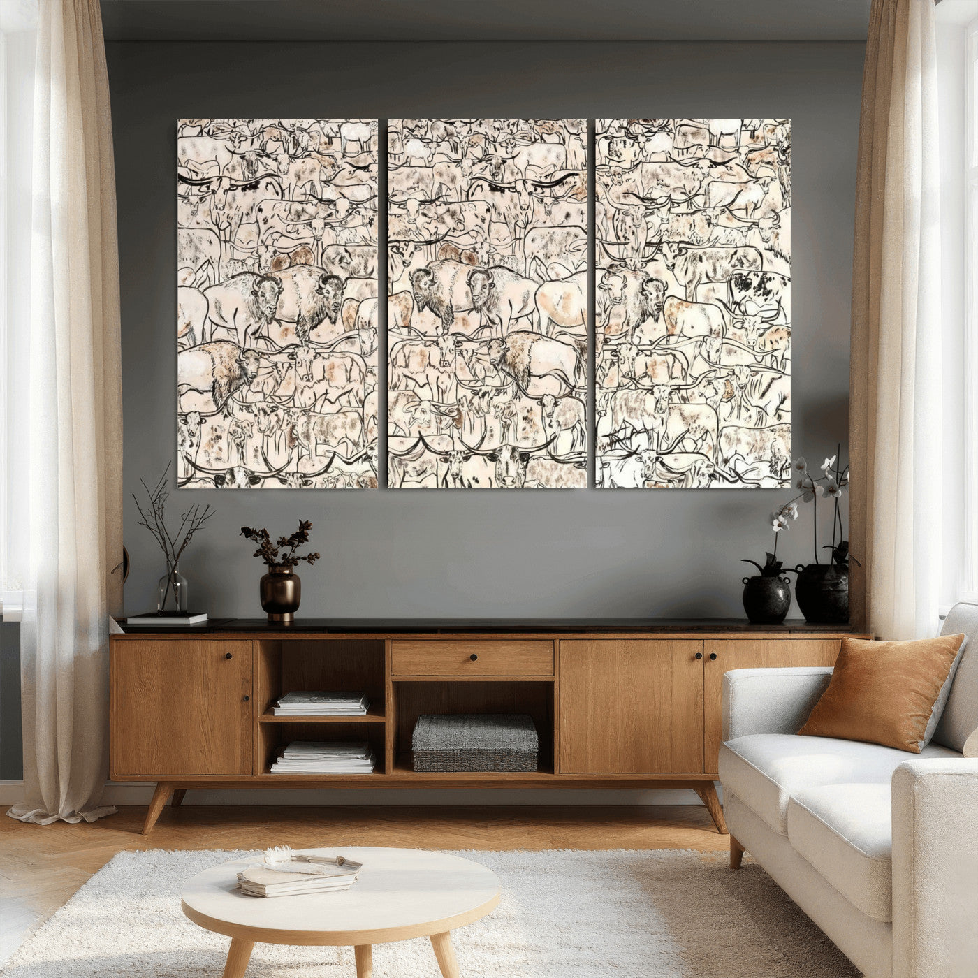 36925875-MGV-CV-36X24 - Farmhouse Animals Wall Art Canvas Print - Abstract Farm Animal Drawing Mid-Century Wall Art for Cabin Decor