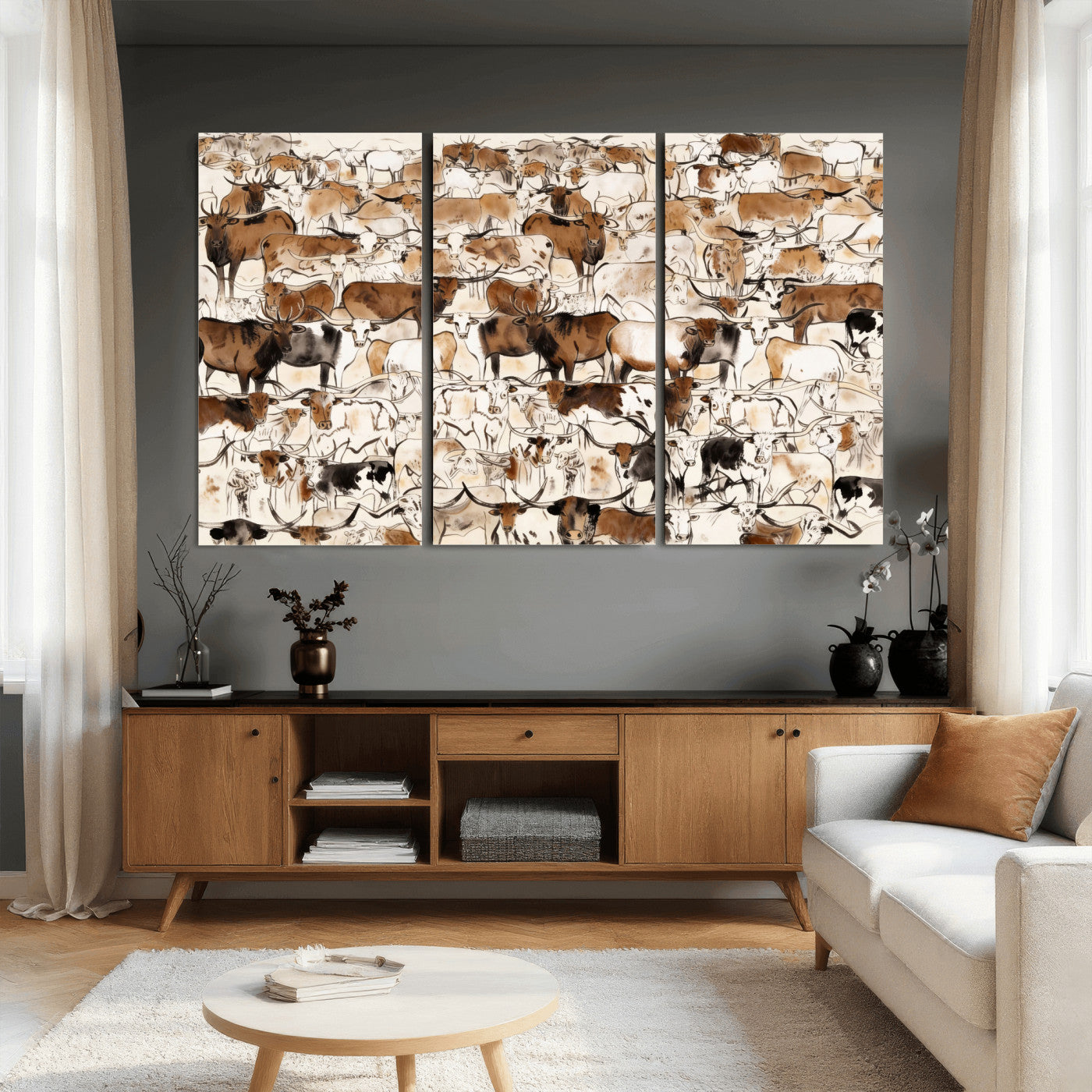 81416572-MGV-CV-36X24 - Farmhouse Animals Wall Art Canvas Print - Abstract Farm Animal Drawing Mid-Century Wall Art for Cabin Decor