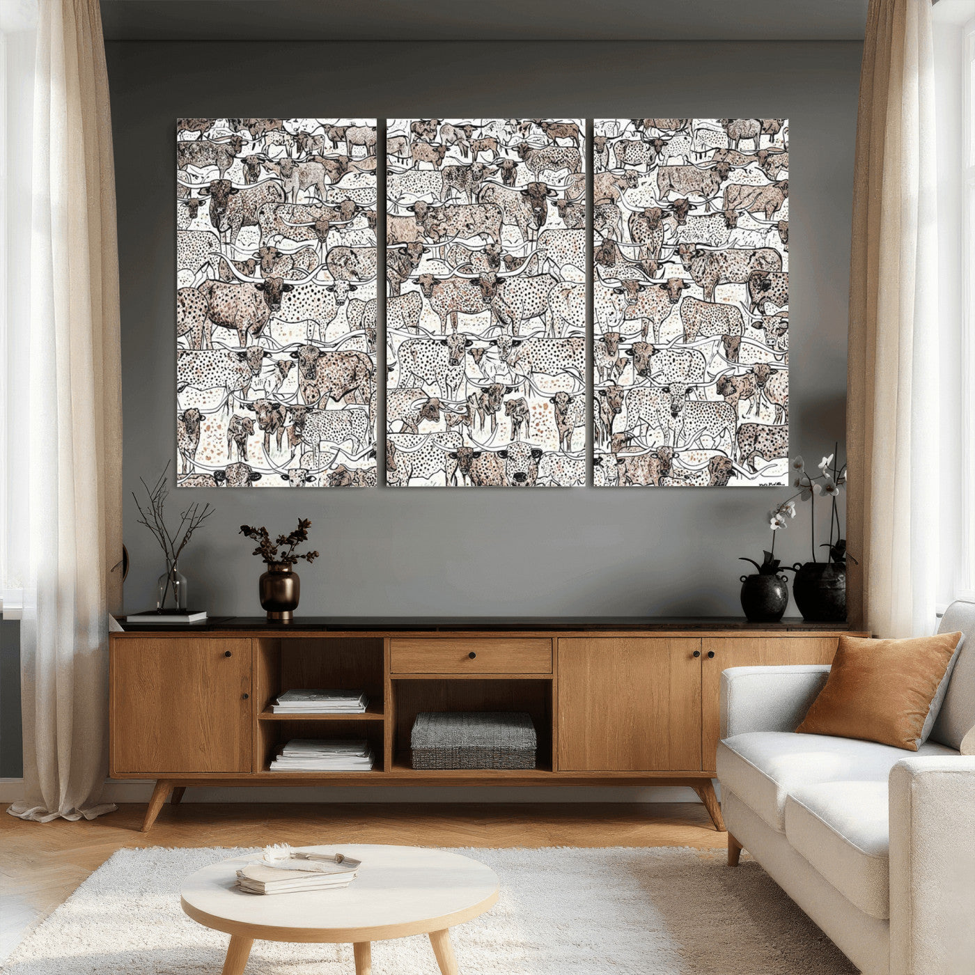 49200255-MGV-CV-36X24 - Farmhouse Animals Wall Art Canvas Print - Abstract Farm Animal Drawing Mid-Century Wall Art for Cabin Decor