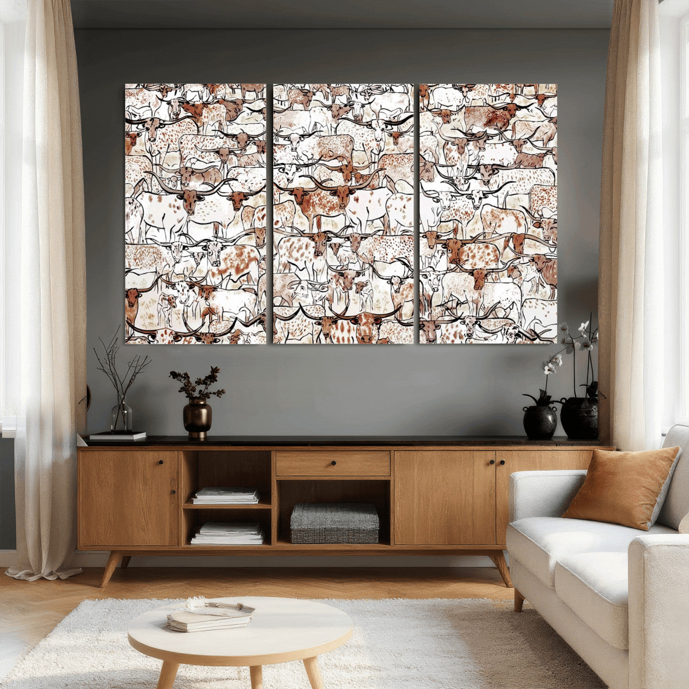 71869761-MGV-CV-36X24 - Farmhouse Animals Wall Art Canvas Print - Abstract Farm Animal Drawing Mid-Century Wall Art for Cabin Decor