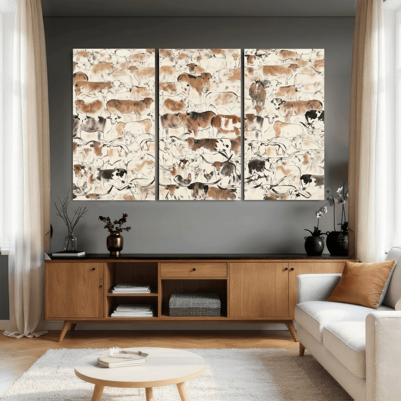 69961368-MGV-CV-36X24 - Farmhouse Animals Wall Art Canvas Print - Abstract Farm Animal Drawing Mid-Century Wall Art for Cabin Decor