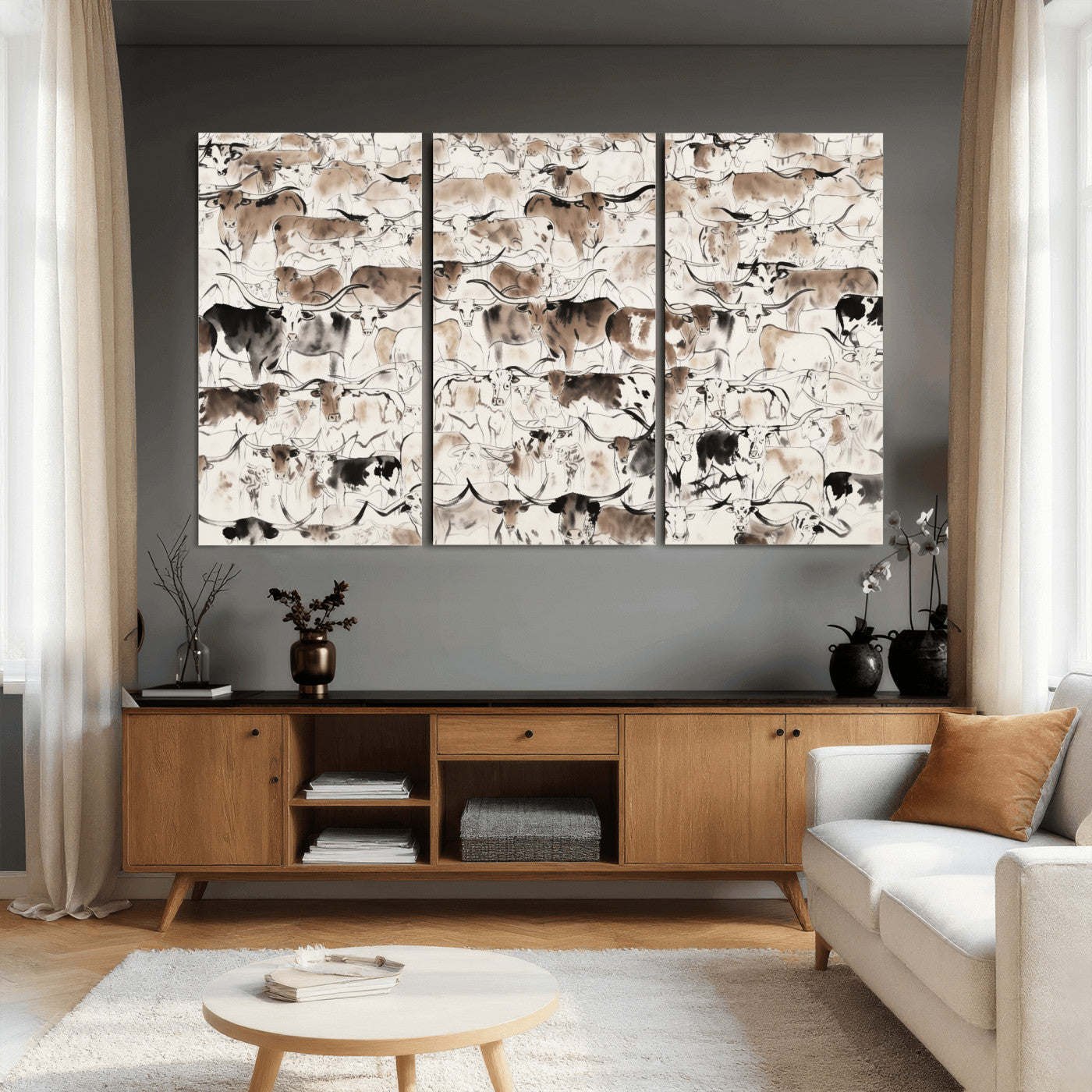 66685375-MGV-CV-36X24 - Farmhouse Animals Wall Art Canvas Print - Abstract Farm Animal Drawing Mid-Century Wall Art for Cabin Decor