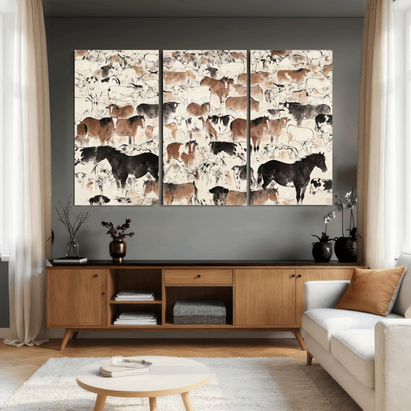 74171578-MGV-CV-36X24 - Farmhouse Animals Wall Art Canvas Print - Abstract Farm Animal Drawing Mid-Century Wall Art for Cabin Decor