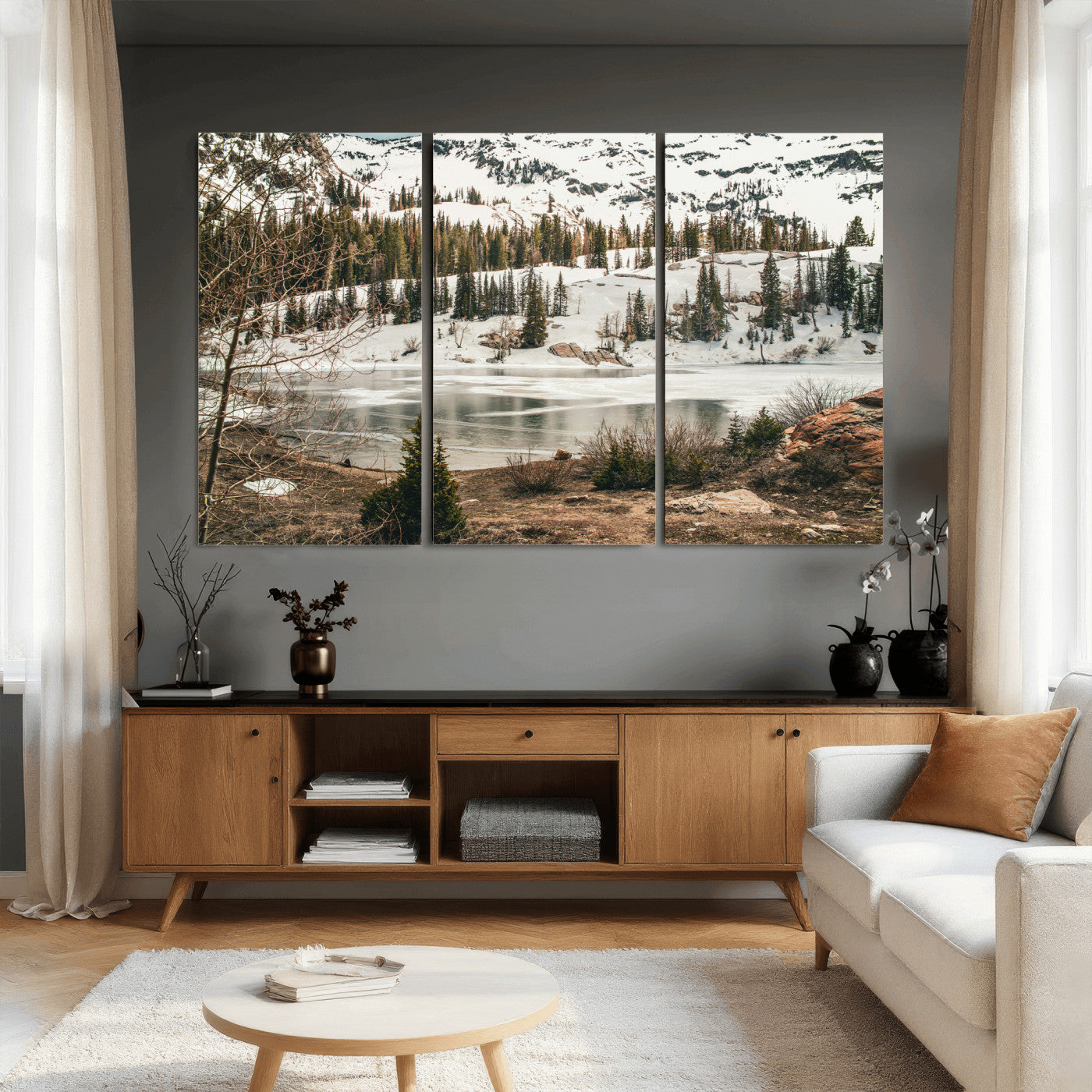 10336249-MGV-CV-36X24 - Snowy Mountain Landscape Wall Art Canvas Print, Alpine Pine Forest Winter Nature Wall Decor for Living Room and Office