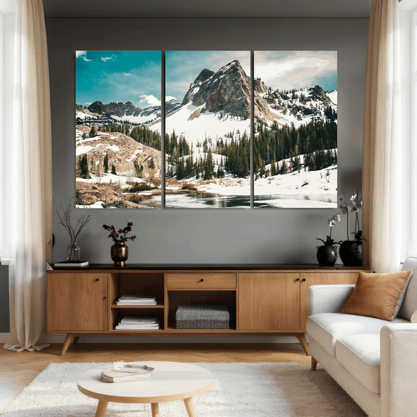56837070-MGV-CV-36X24 - Snowy Mountain Landscape Wall Art Canvas Print, Alpine Pine Forest Winter Nature Wall Decor for Living Room and Office