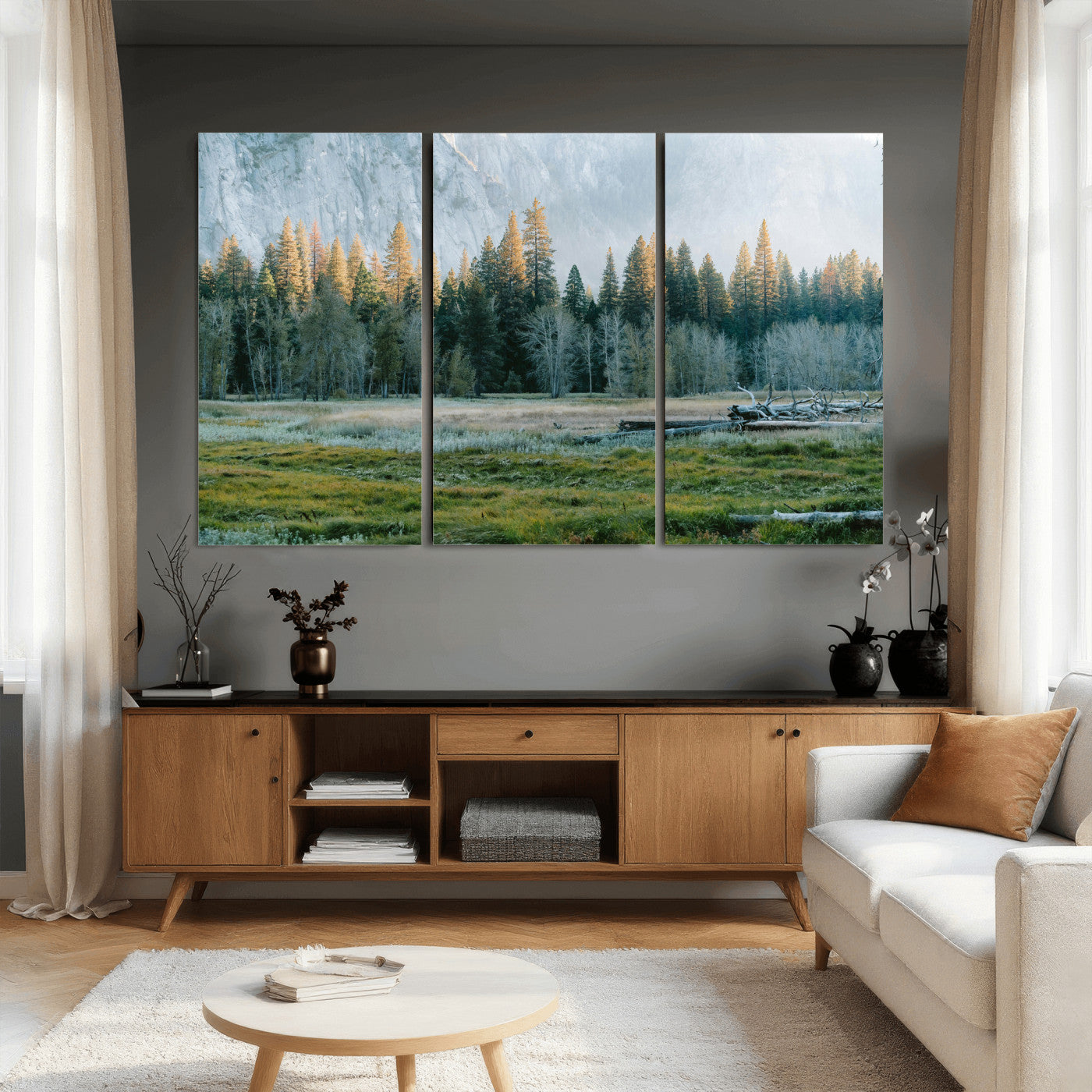 95548744-MGV-CV-36X24 - Forest Meadow Wall Art Canvas Print, Pine Tree Landscape Nature Artwork, Mountain Valley Scenic Photography, Calm Wilderness Wall Decor