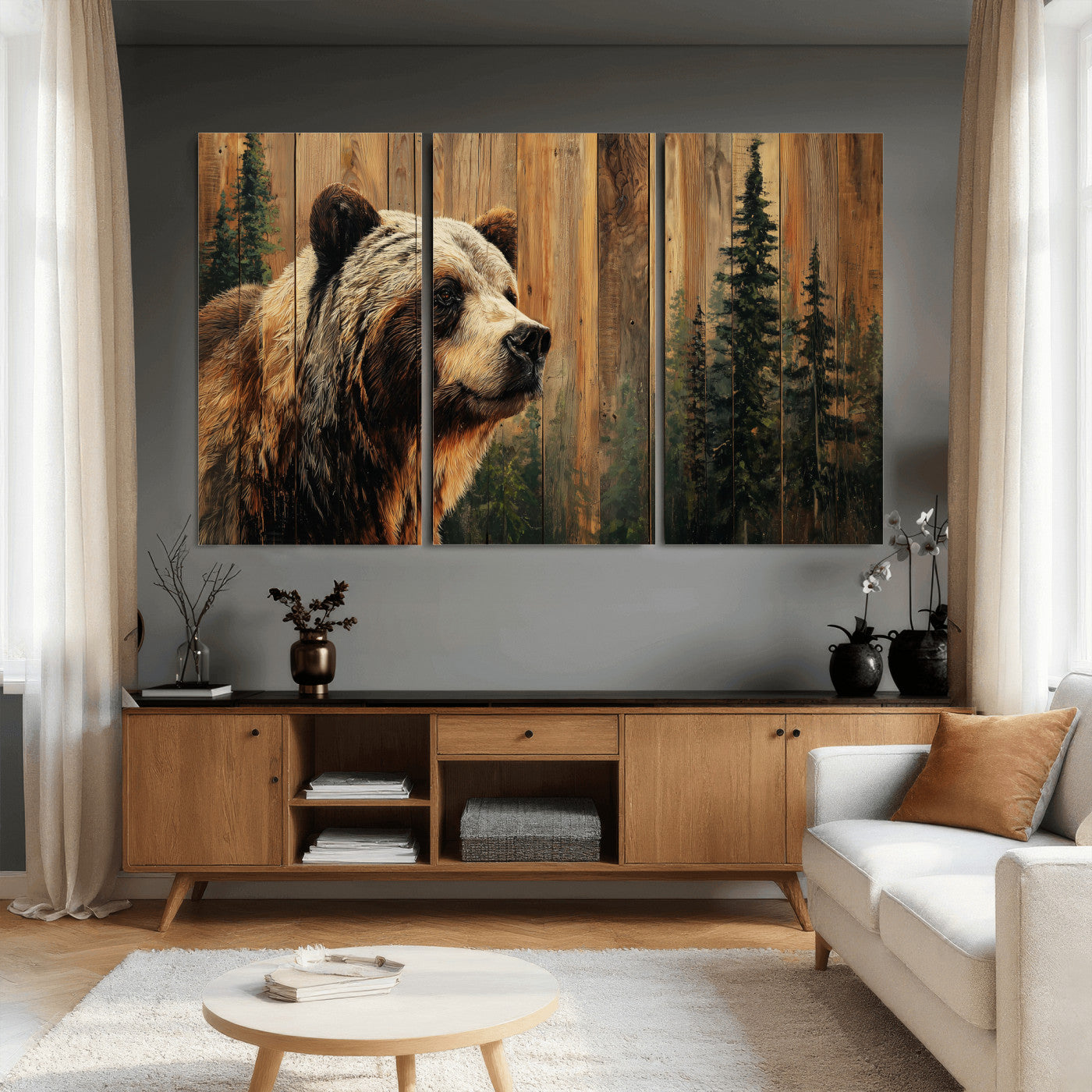 75645180-MGV-CV-36X24 - Grizzly Bear Wall Art Canvas Print, Rustic Wildlife Bear Artwork, Forest Animal Painting, Cabin Lodge Nature Wall Decor