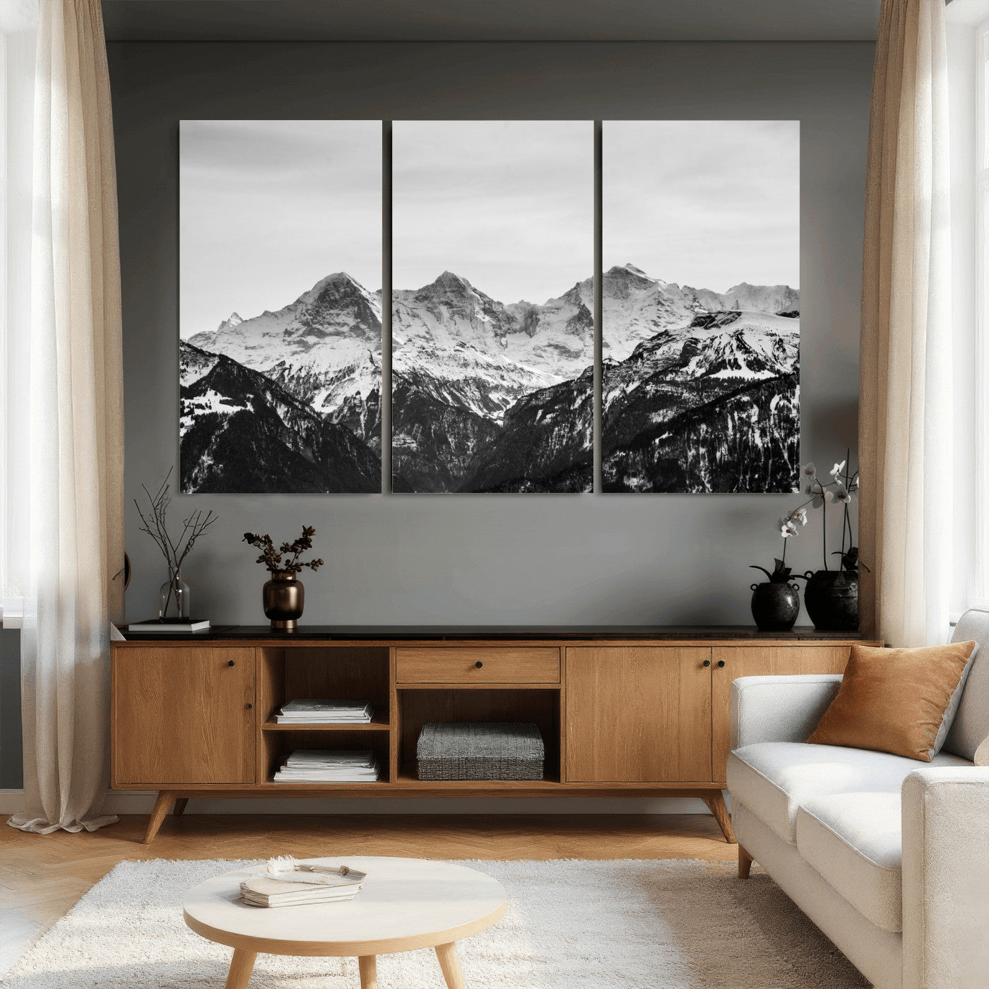 85684934-MGV-CV-36X24 - Black and White Mountain Wall Art Canvas Print, Snowy Alpine Peaks Landscape Photography, Minimal Monochrome Mountain Art, Scenic Nature Wall Decor