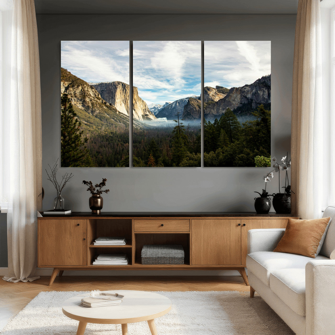 15089394-MGV-CV-36X24 - Yosemite Valley Mountain Landscape Wall Art Canvas Print, Granite Cliff Forest Valley Canvas Print, California National Park Scenic Art Printing