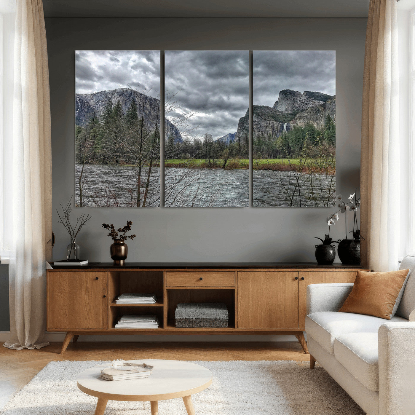 75582552-MGV-CV-36X24 - Yosemite Valley River Landscape Wall Art Canvas Print, Granite Cliffs Forest River Canvas Print, California National Park Moody Scenic Art Printi